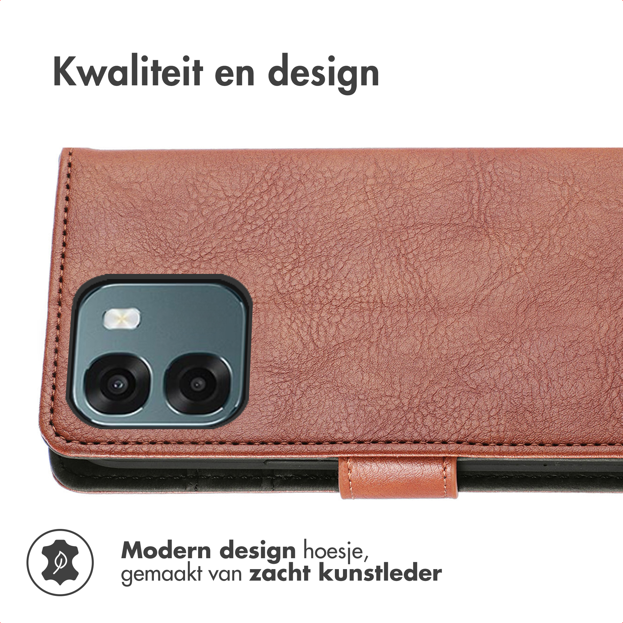 Bruine lederen telefoonhoes met dubbele cameralenzen en textuur.