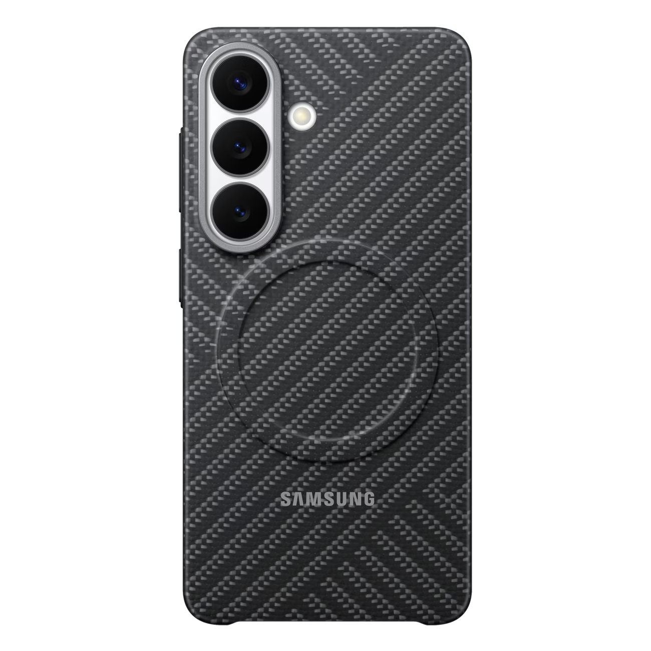 Achterkant van een zwarte Samsung telefoon met koolstofpatroon en drie camera's.