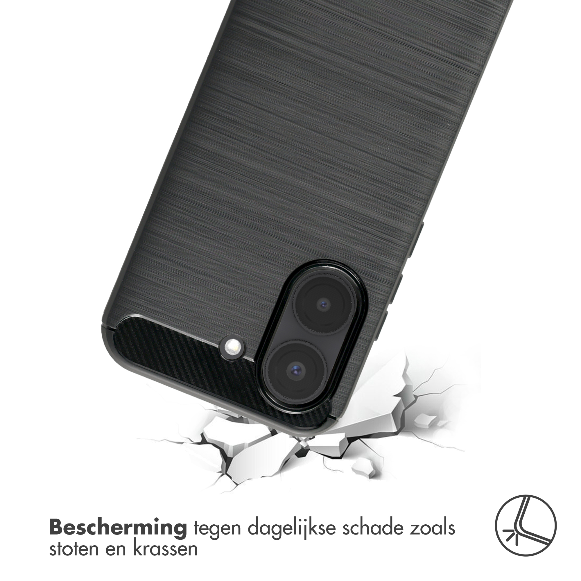 Black brushed phone case falling onto cracked white surface.