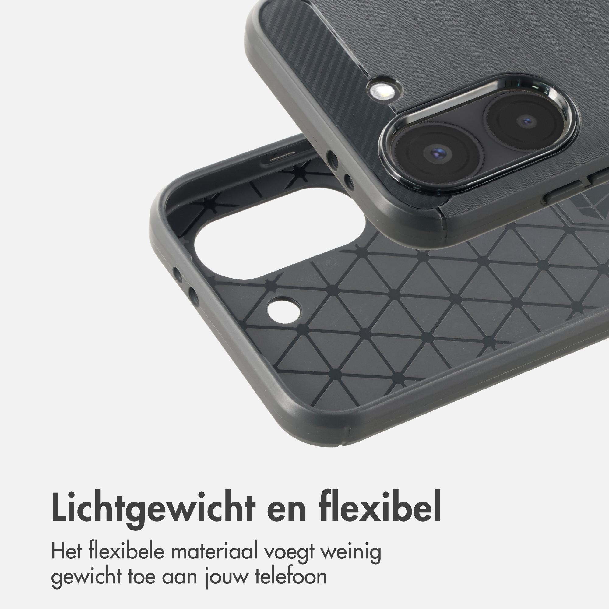 A dark phone case with camera protection and a patterned interior.