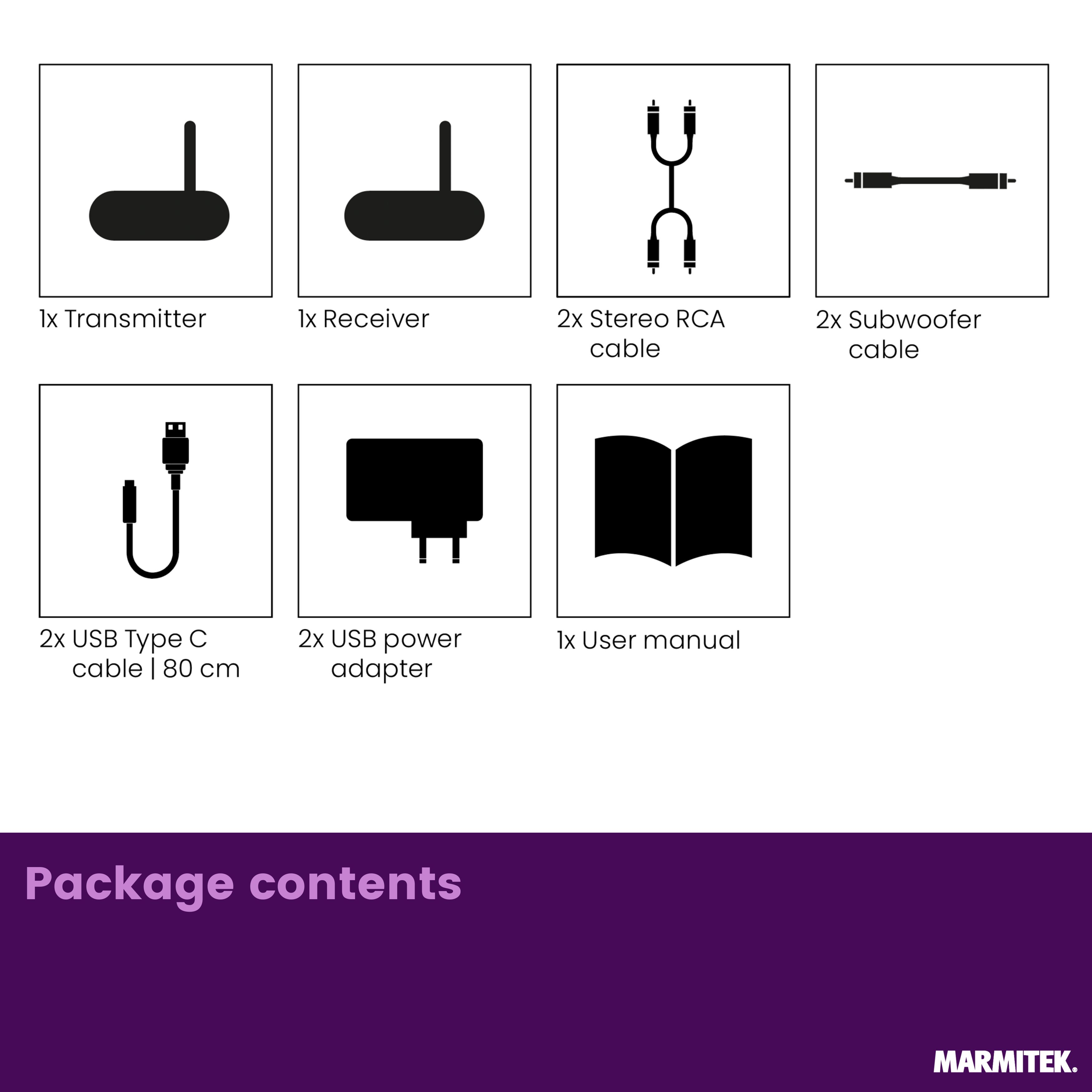Contenu de l'emballage : Émetteur, récepteur, 2x câbles RCA stéréo, 2x câble subwoofer, 2x câble USB-C, adaptateur.