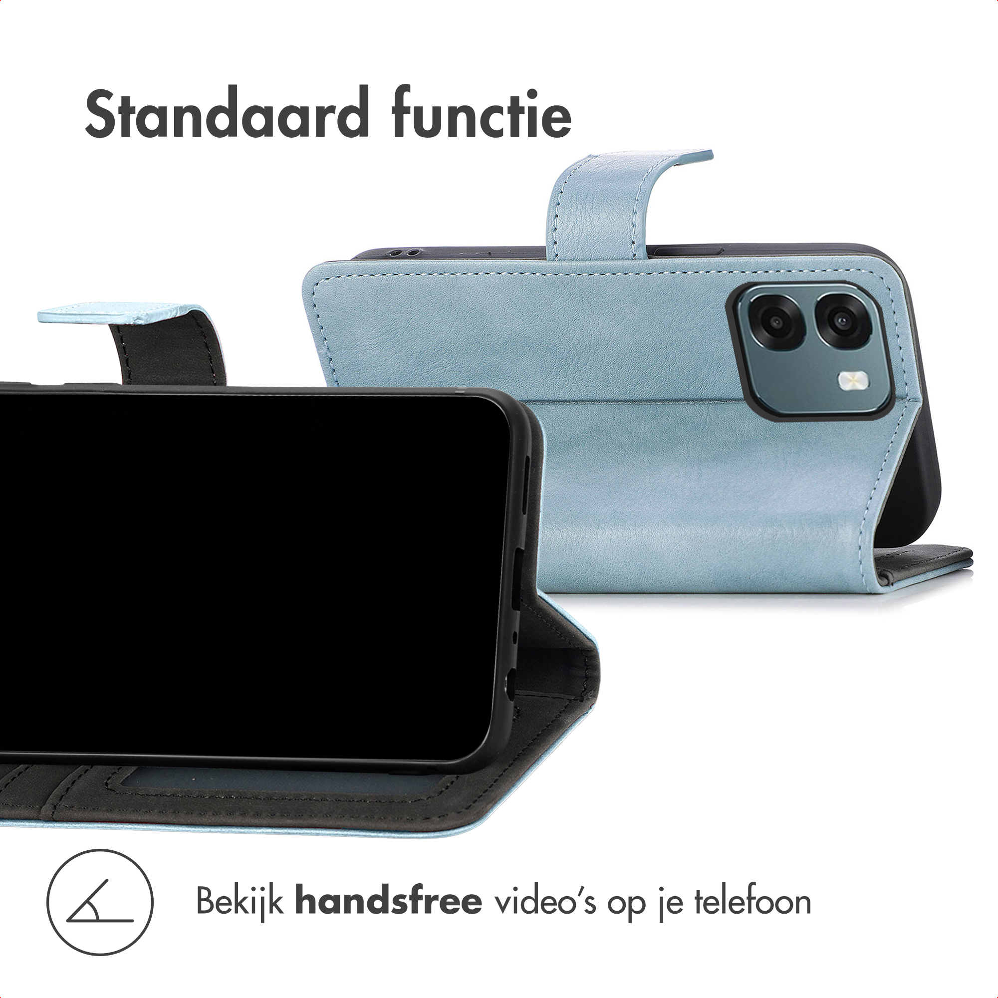 Lichtblauwe telefoonhoes open, toont telefoon en standaardfunctie.