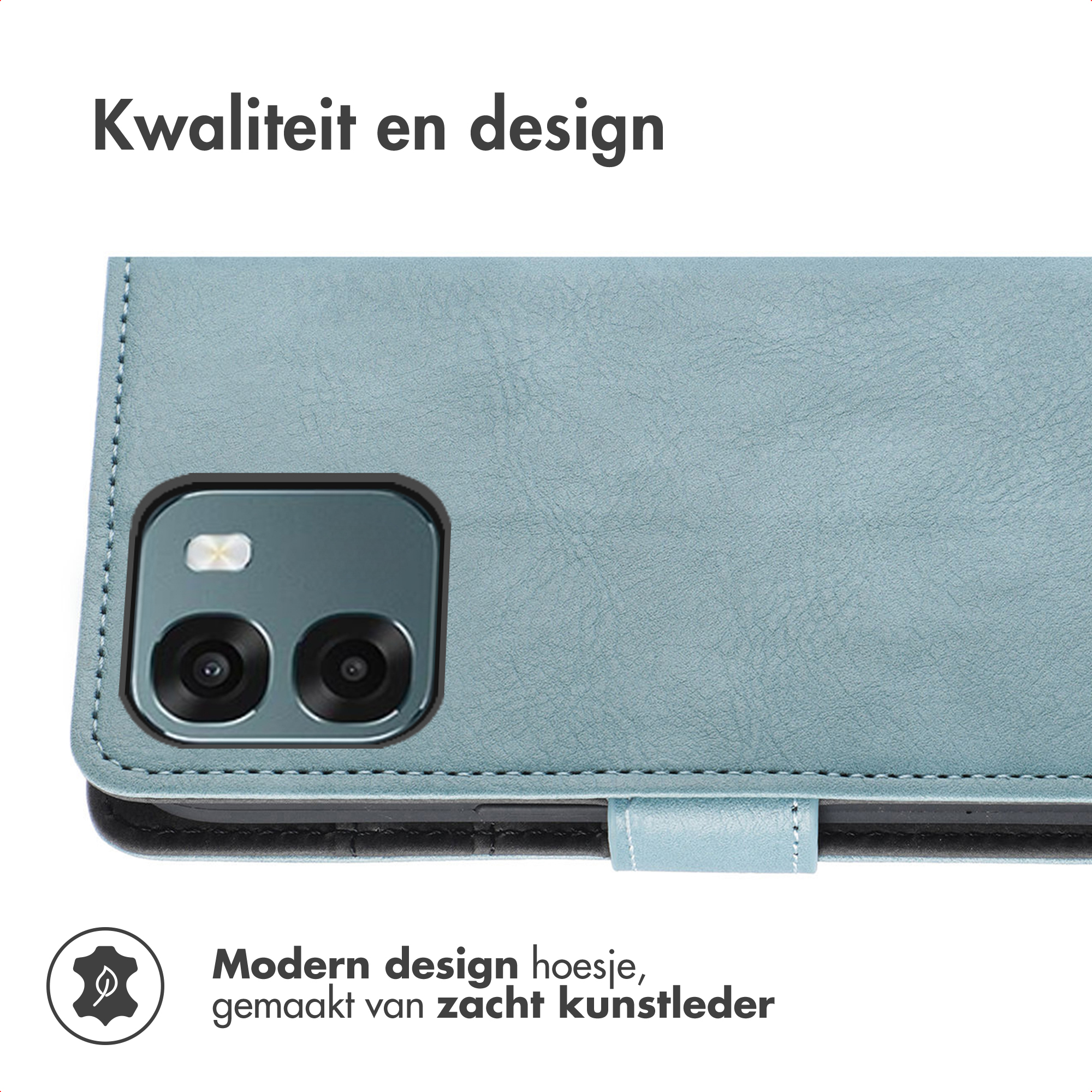 Blauw telefoonhoesje met twee camera's en flitser. Textuur kunstleer.