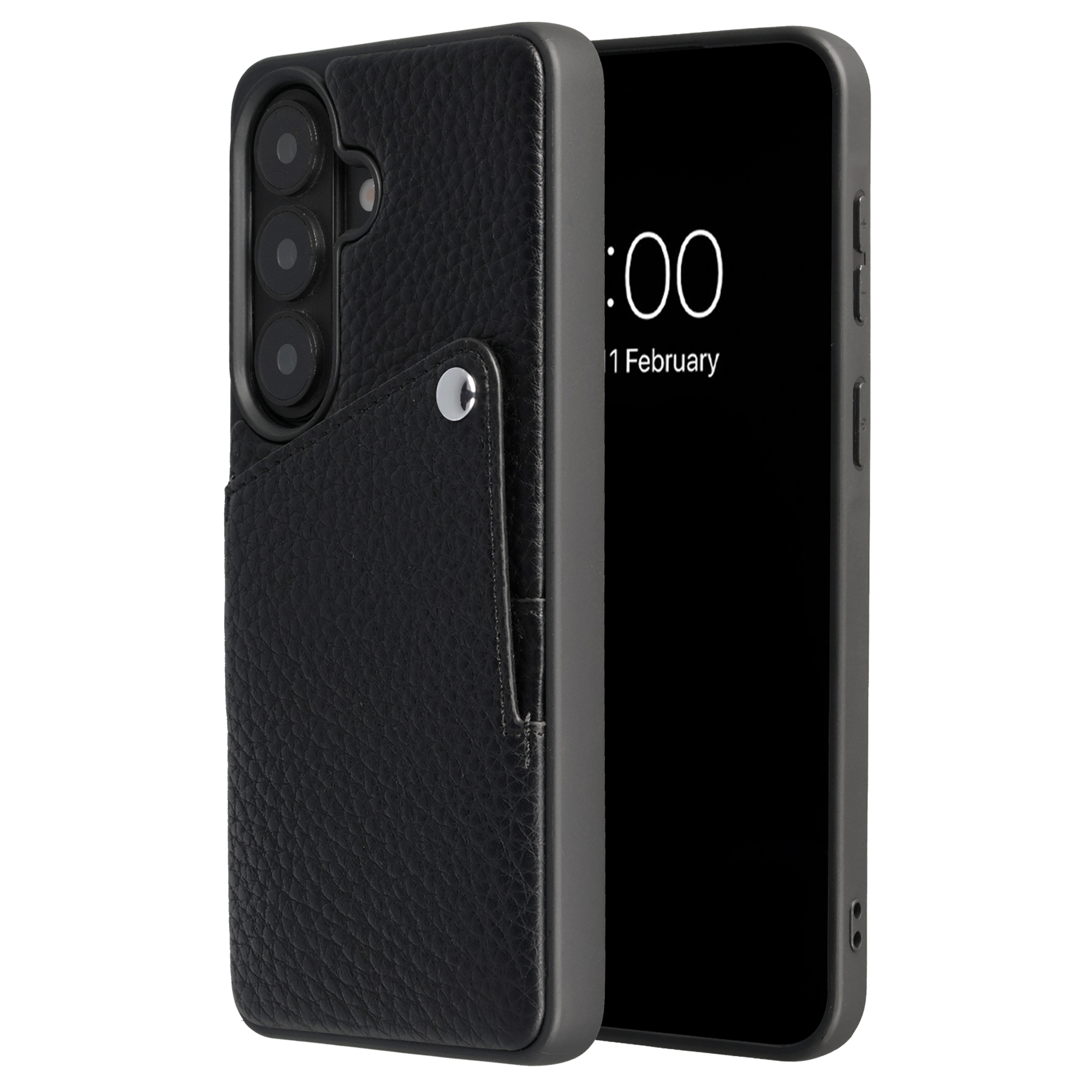 Étui de téléphone en cuir noir avec fente pour carte et trois objectifs.