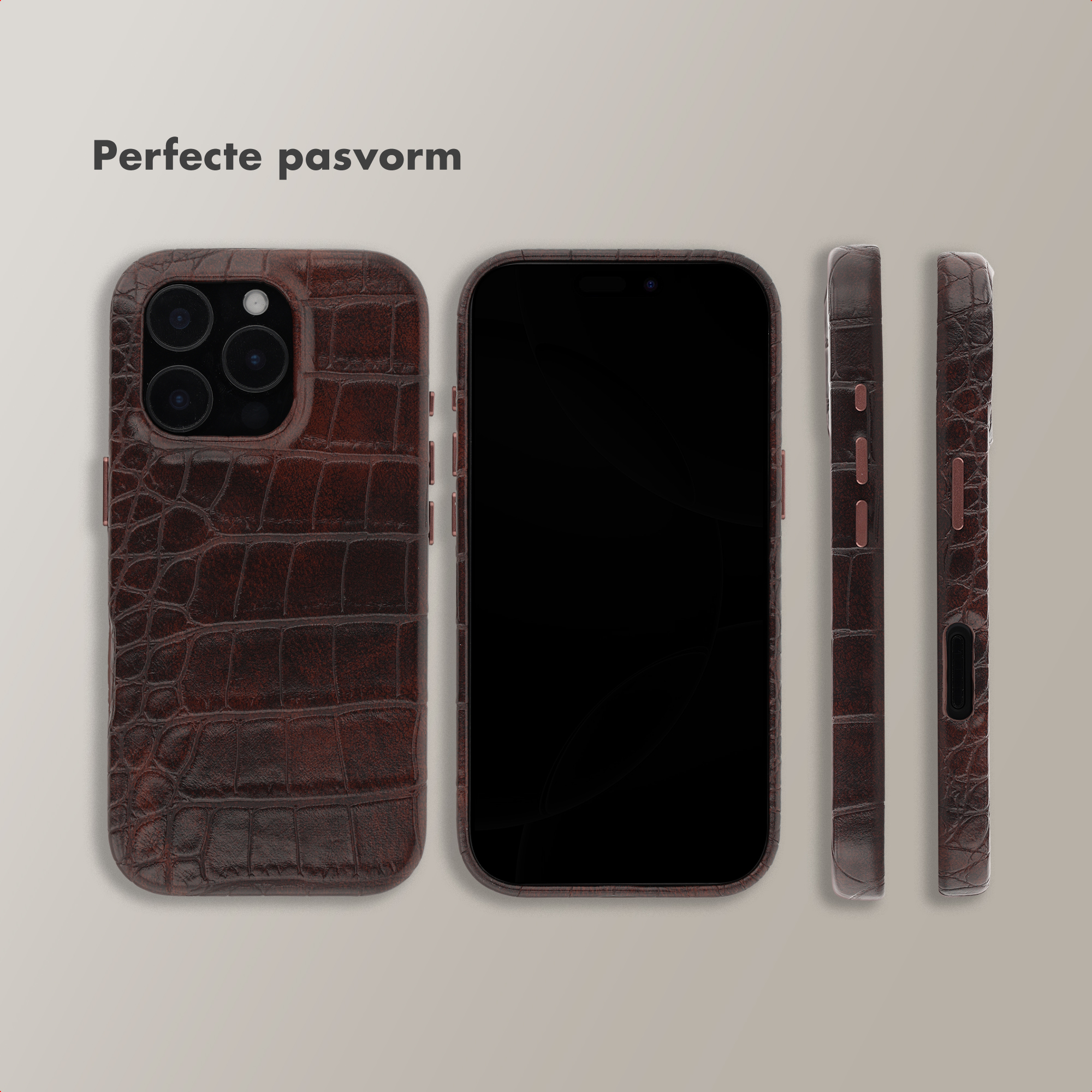 Drie aanzichten van een bruine krokodillenleren telefoonhoes voor smartphone.