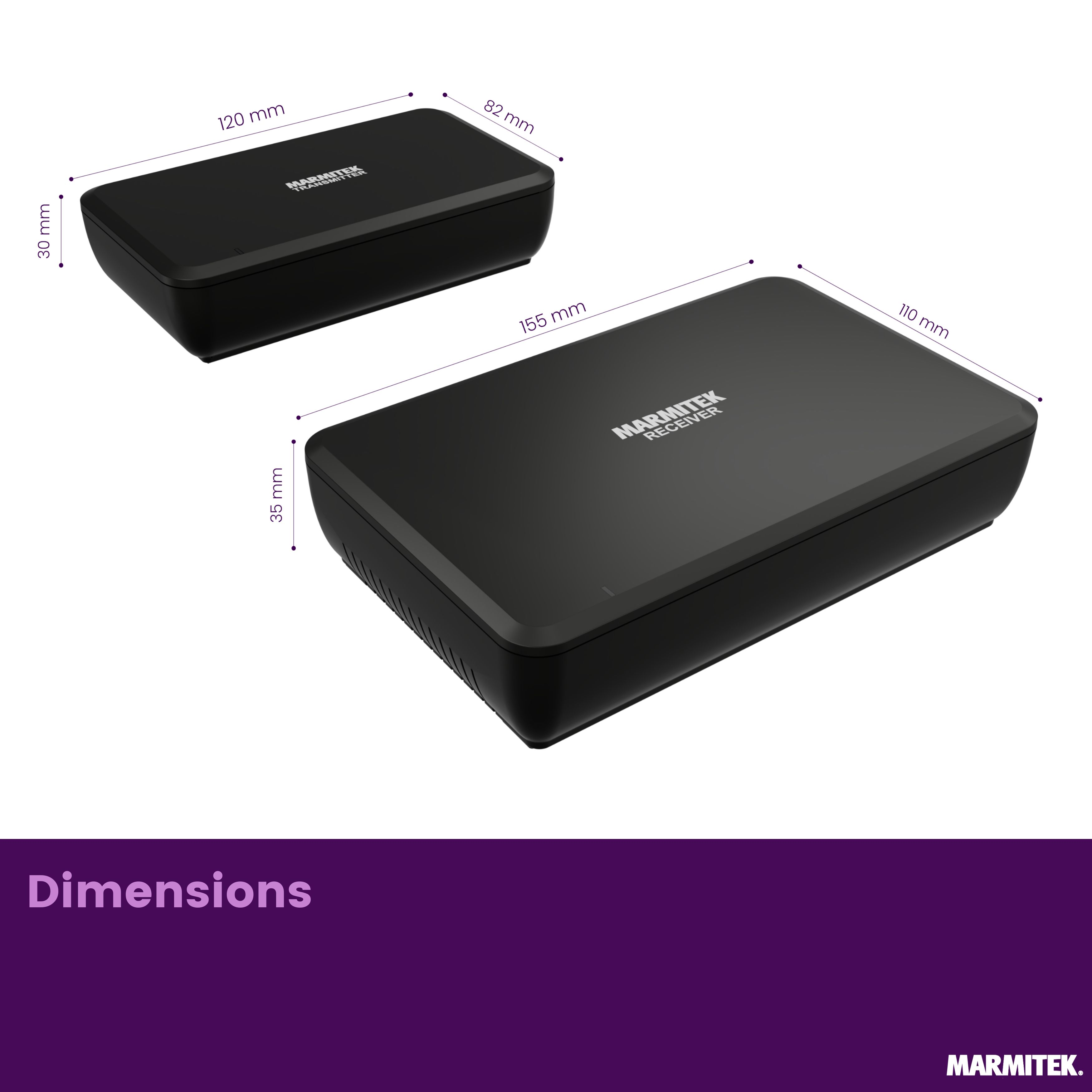 Deux appareils noirs Marmitek, émetteur et récepteur, avec dimensions.