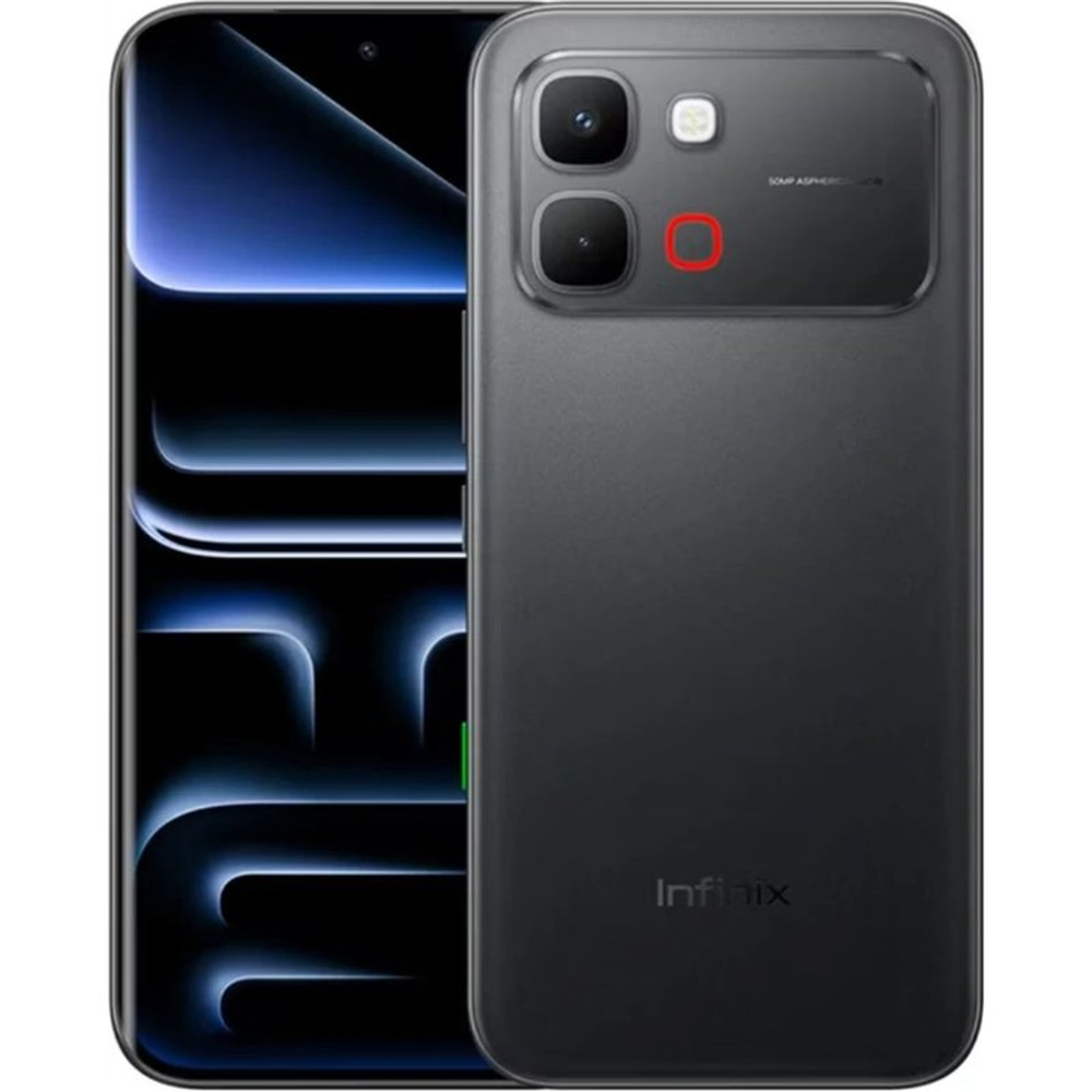 Un Infinix grigio scuro è mostrato accanto a uno smartphone con sfondo a luce blu.
