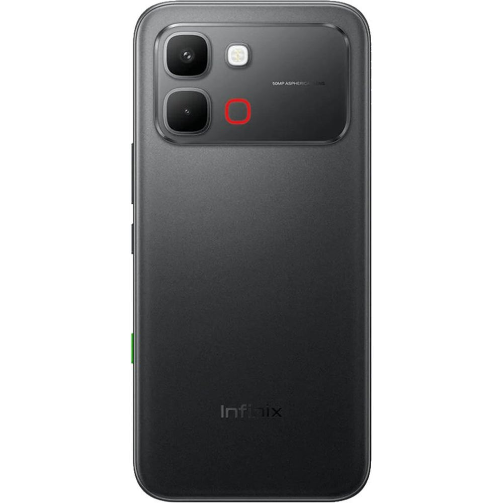 Smartphone nero con modulo fotocamera e logo Infinix sul retro.
