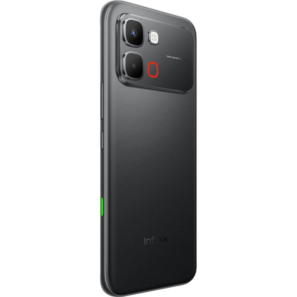 Smartphone nero con prominente modulo fotocamera e accento verde sul lato.