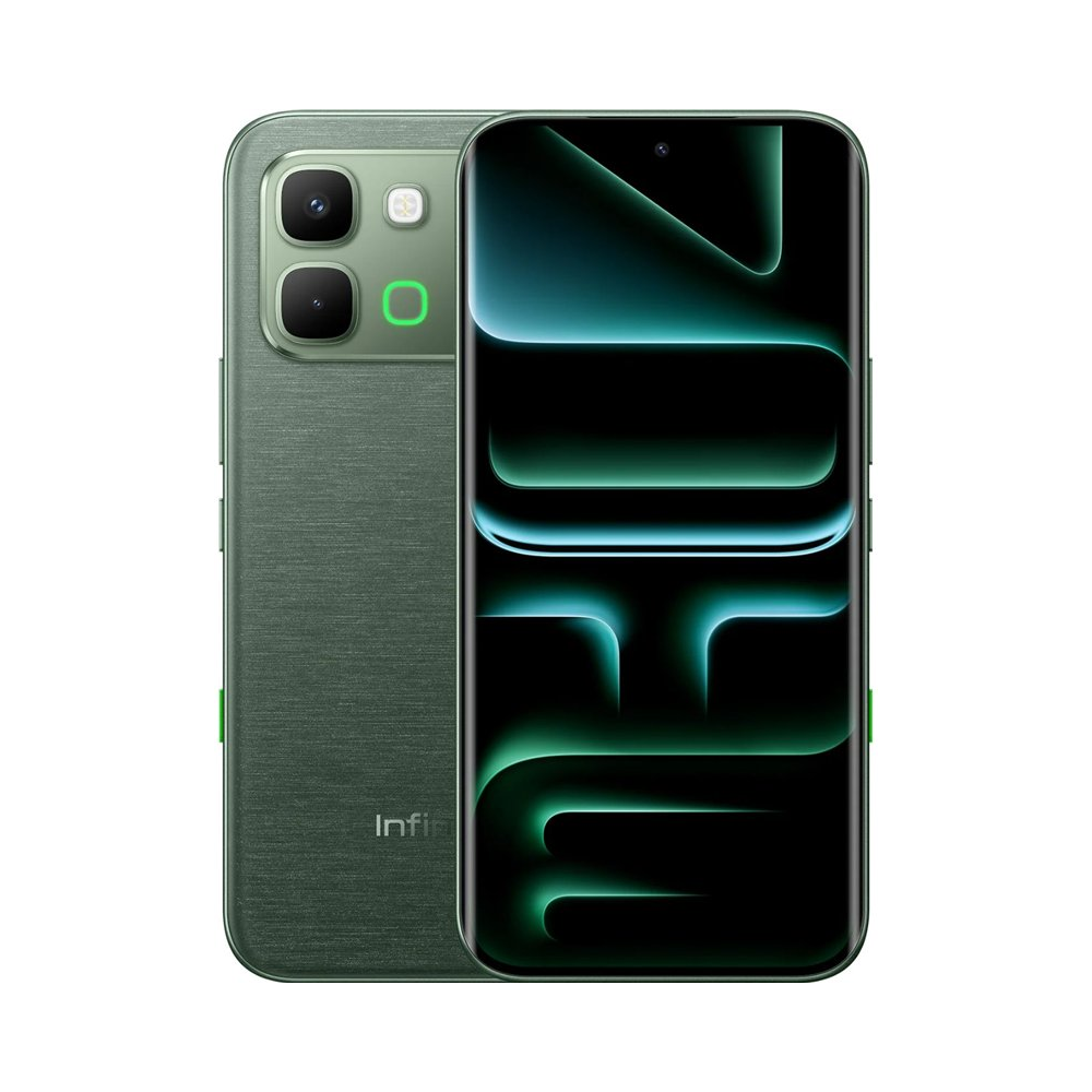 Due smartphone verdi uno accanto all'altro, uno con fotocamere, uno con schermo.