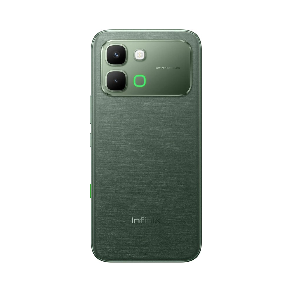 Retro di uno smartphone Infinix verde con modulo fotocamera e logo.