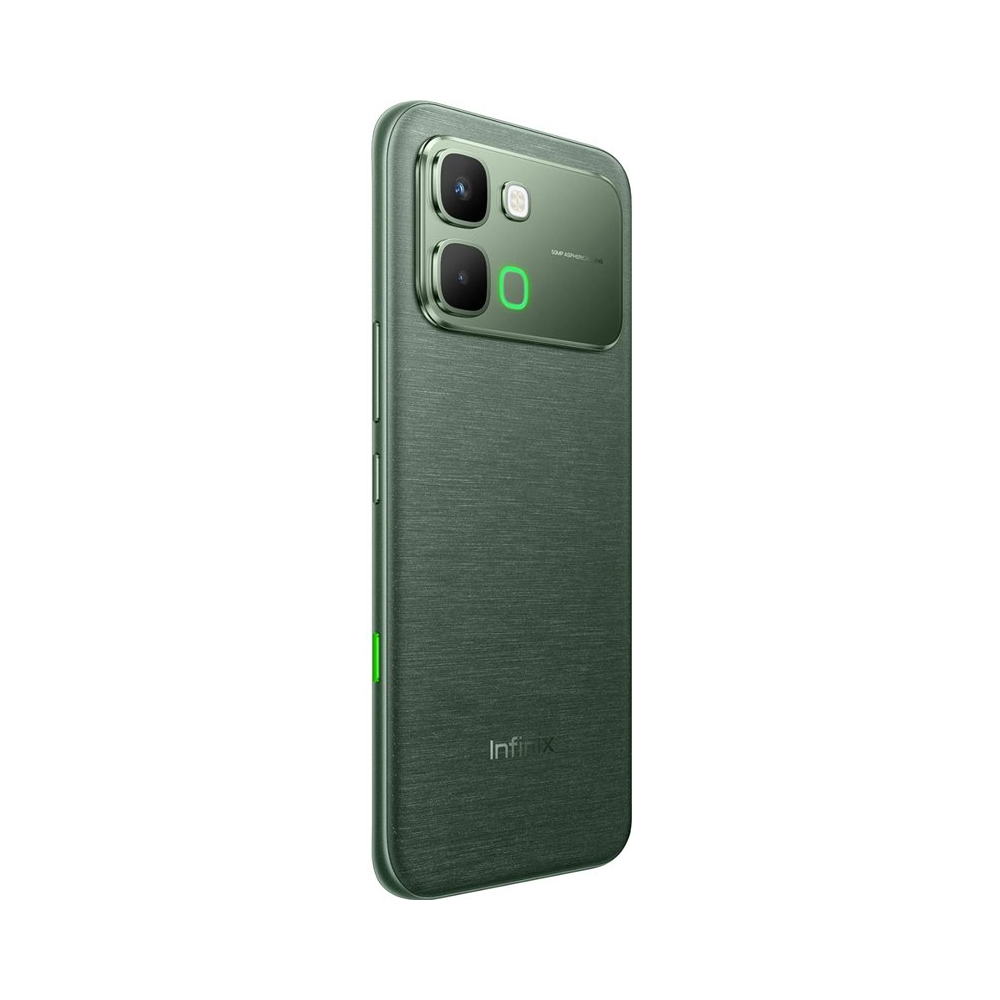 Uno smartphone verde scuro con tre fotocamere posteriori e un logo.