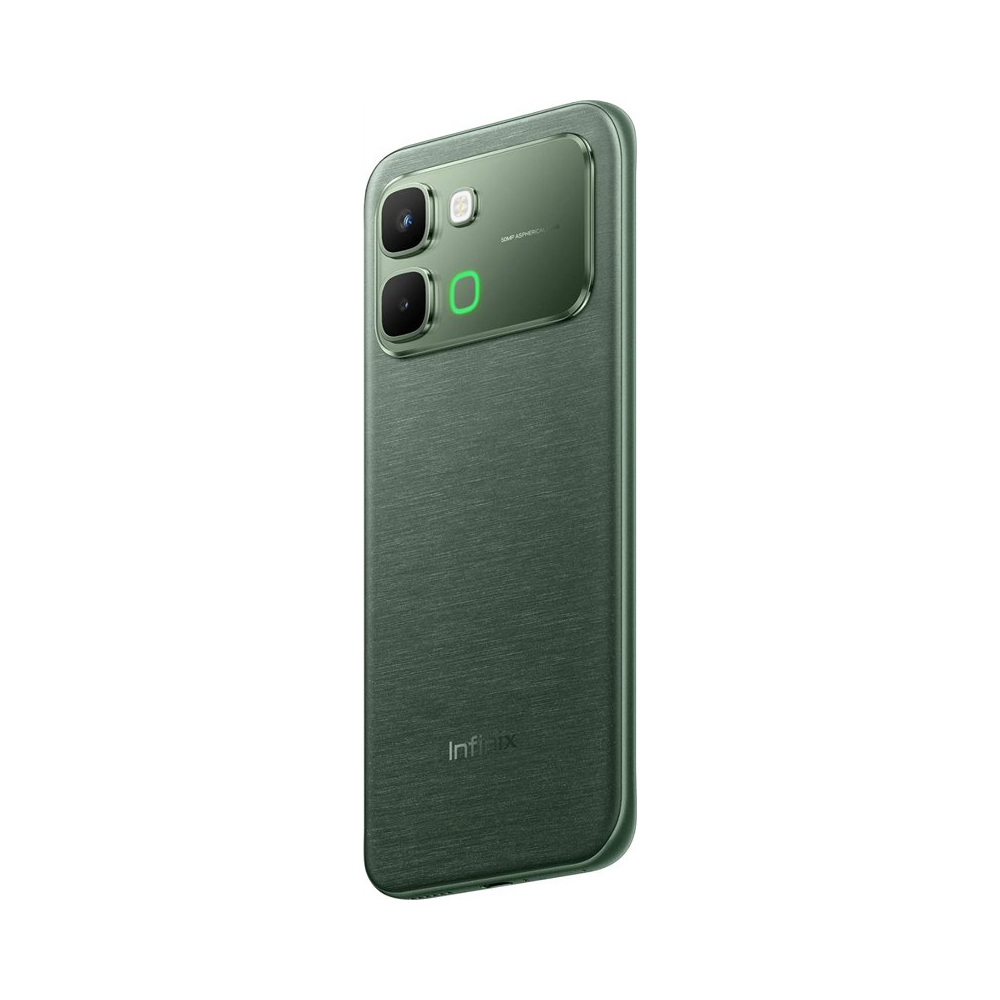 Retro di uno smartphone verde smeraldo con doppia fotocamera e logo Infinix.