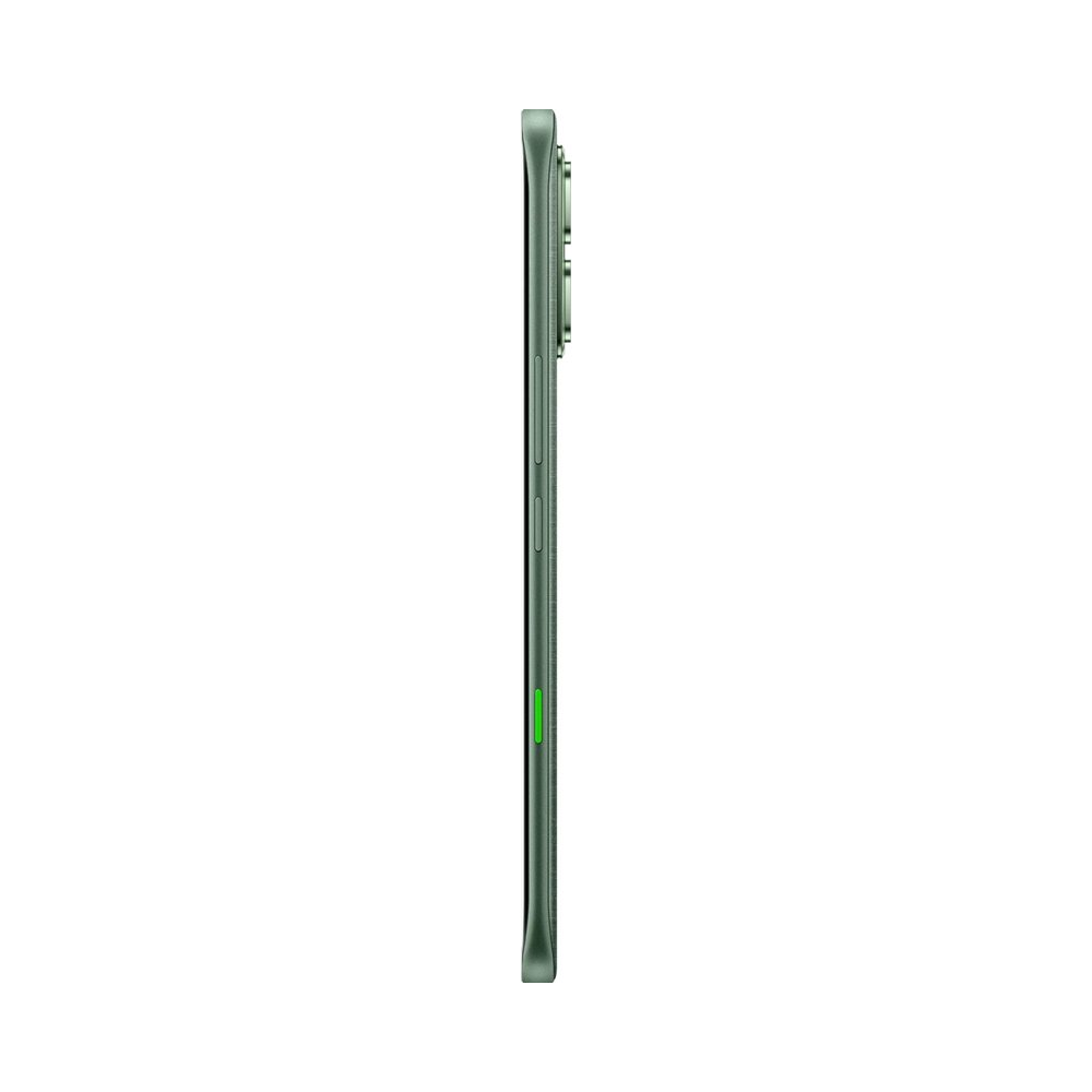 Smartphone verde di profilo, con fotocamere e un accento verde. Sfondo bianco.