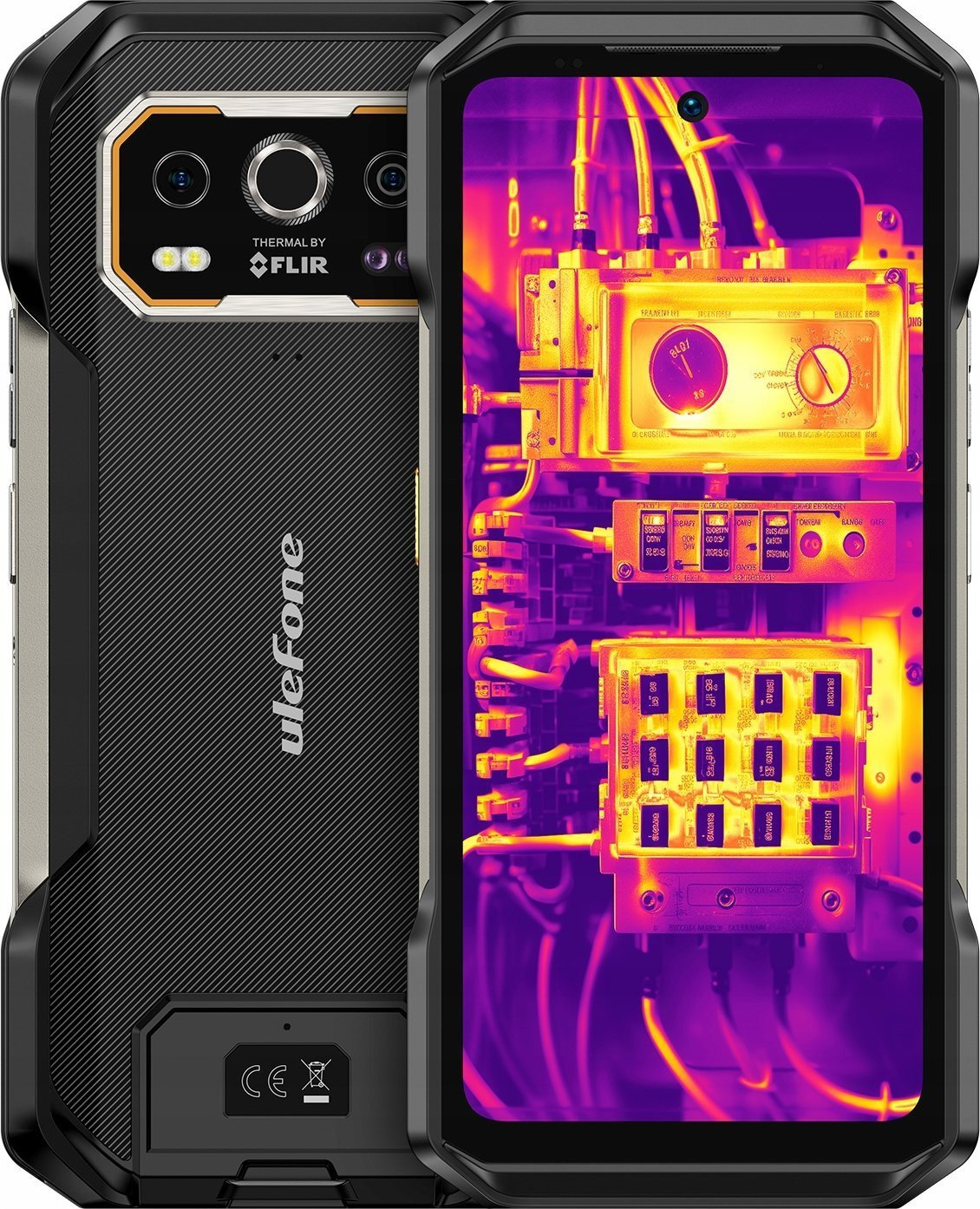 Uno smartphone robusto con termocamera, che mostra un'immagine termica di componenti elettrici.