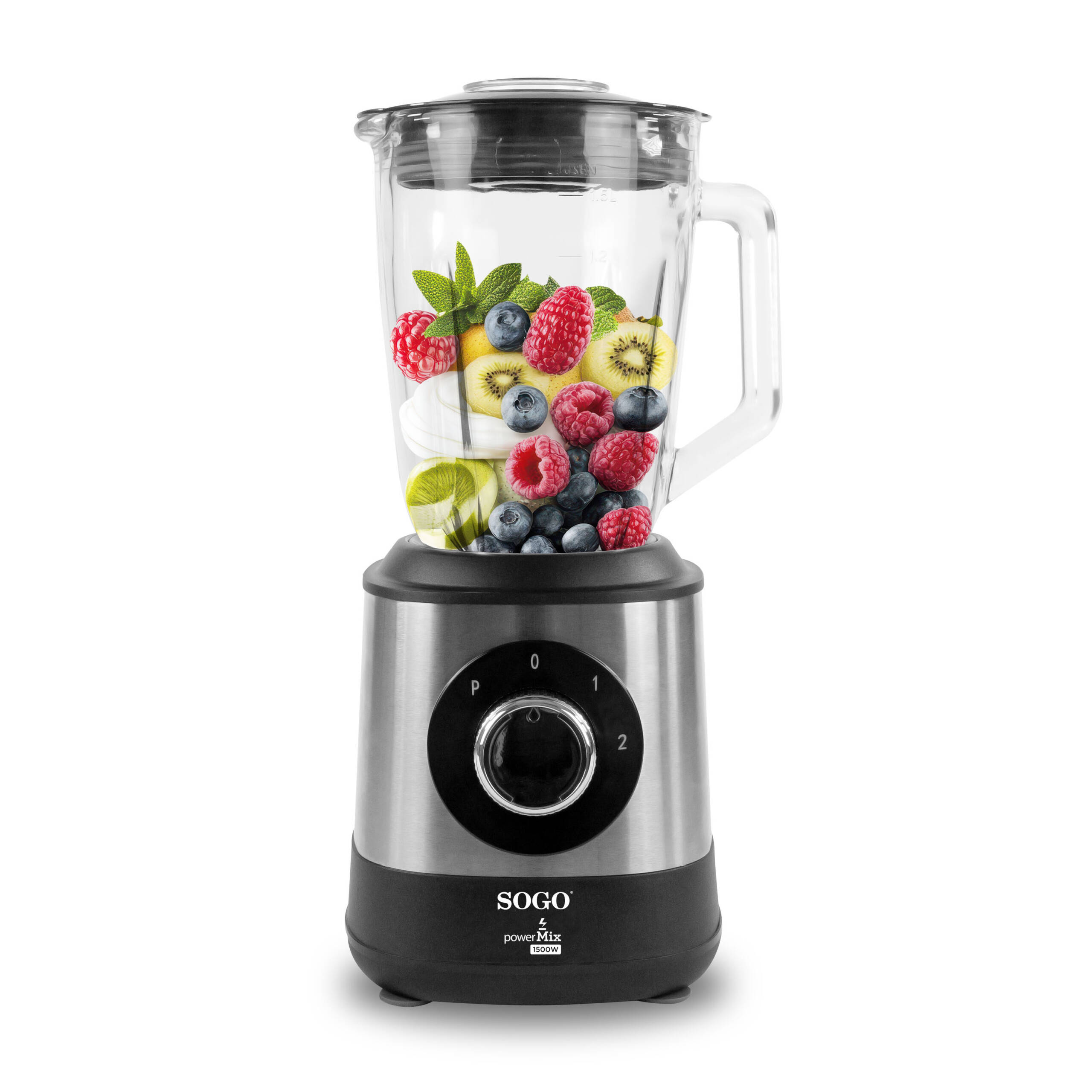 Una licuadora con frutas como bayas, kiwi y menta en el vaso.