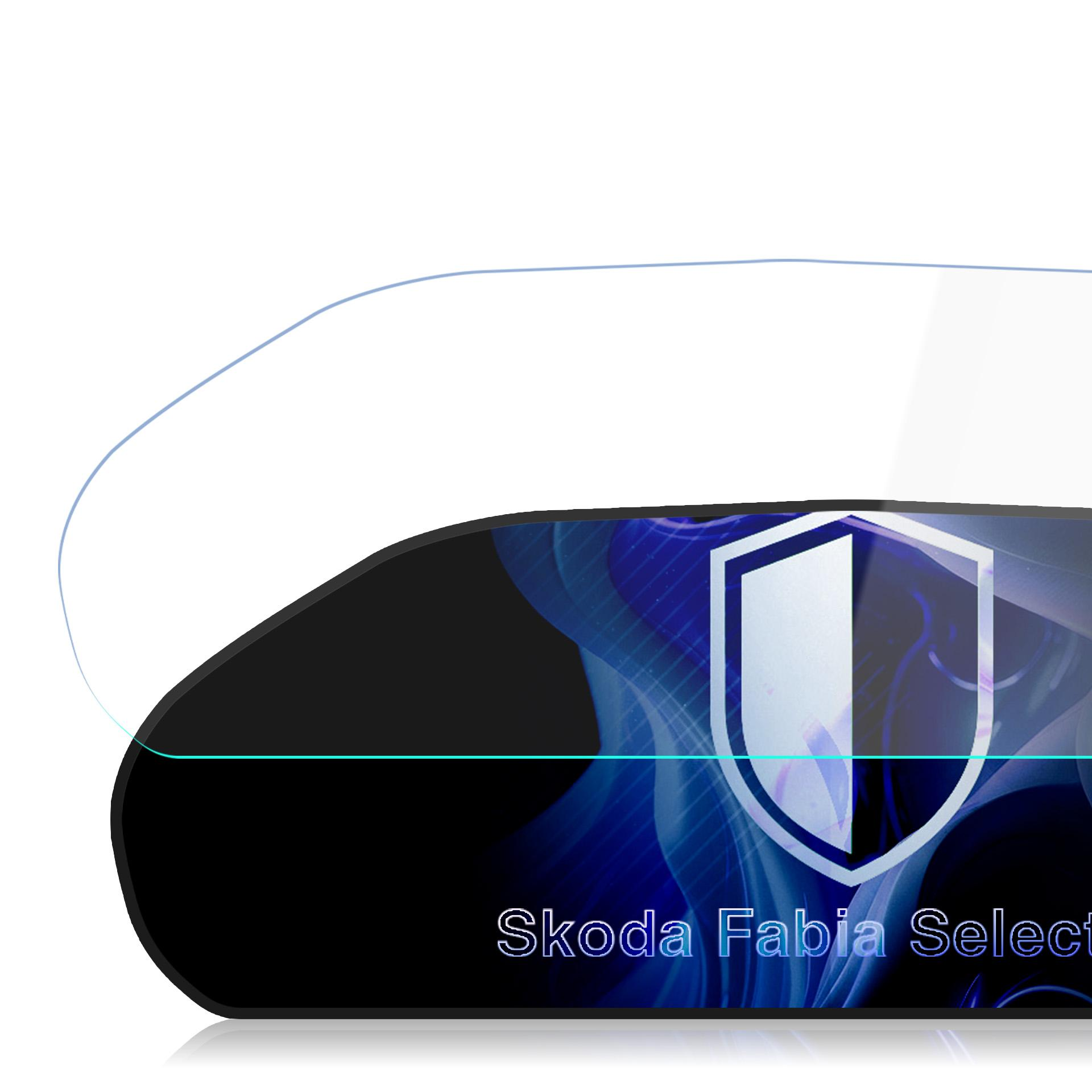 Folia ochronna na ekran do Skoda Fabia z logo tarczy i niebieskim wzorem.