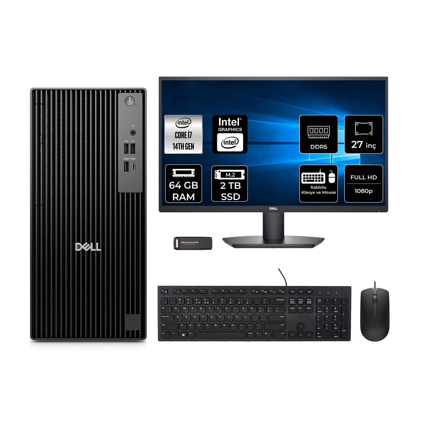 Intel Core i7, 64 GB RAM, 2 TB SSD'li siyah Dell PC, monitör, klavye ve fare.