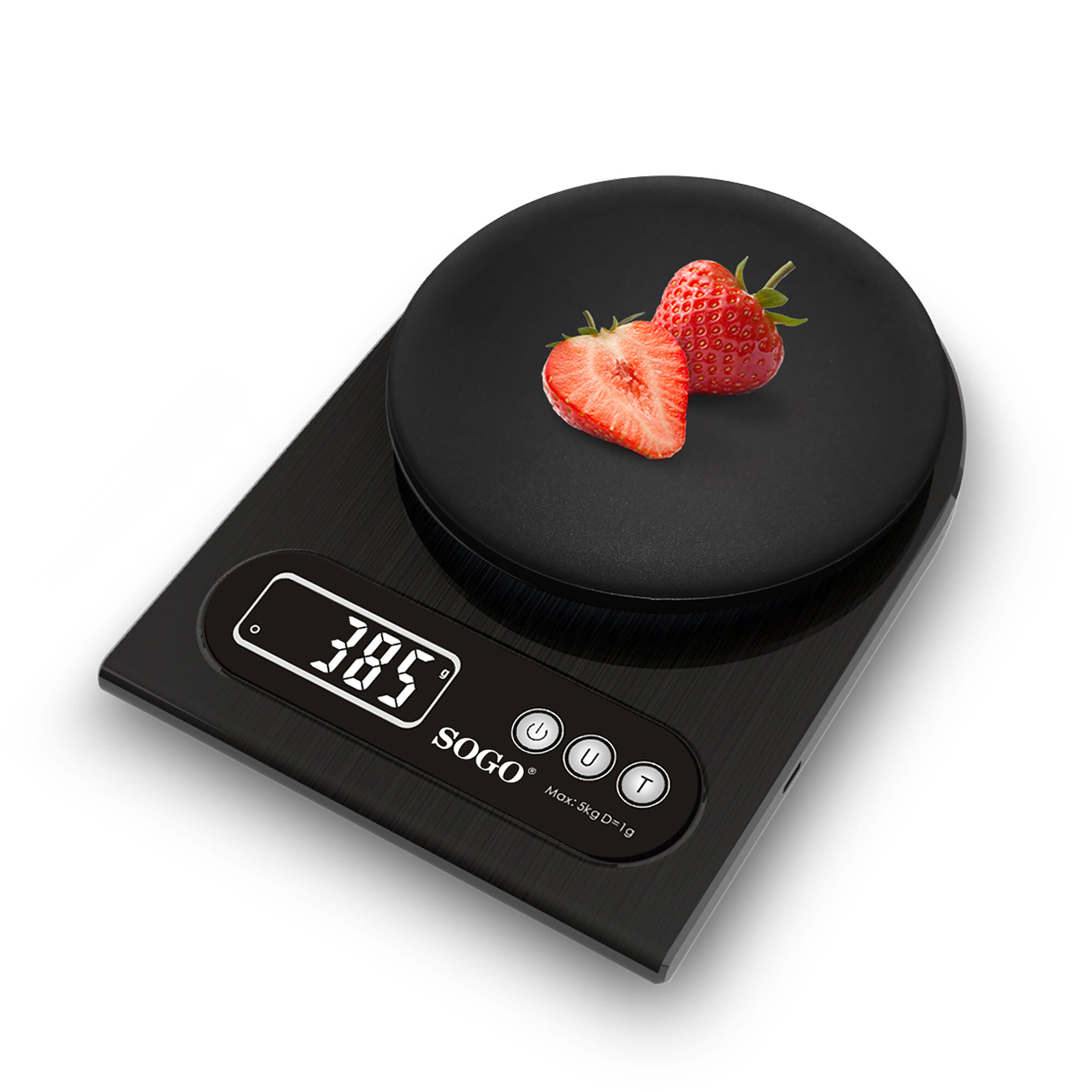 Una báscula de cocina digital negra con dos fresas en el plato.