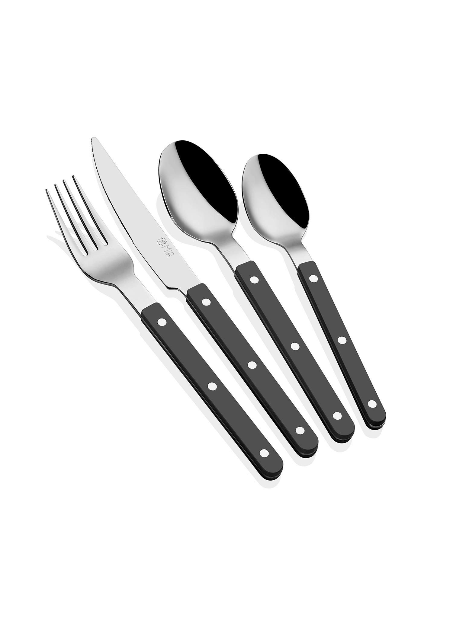 Gümüş metal başlıklı ve siyah saplı dörtlü bir çatal bıçak seti.
