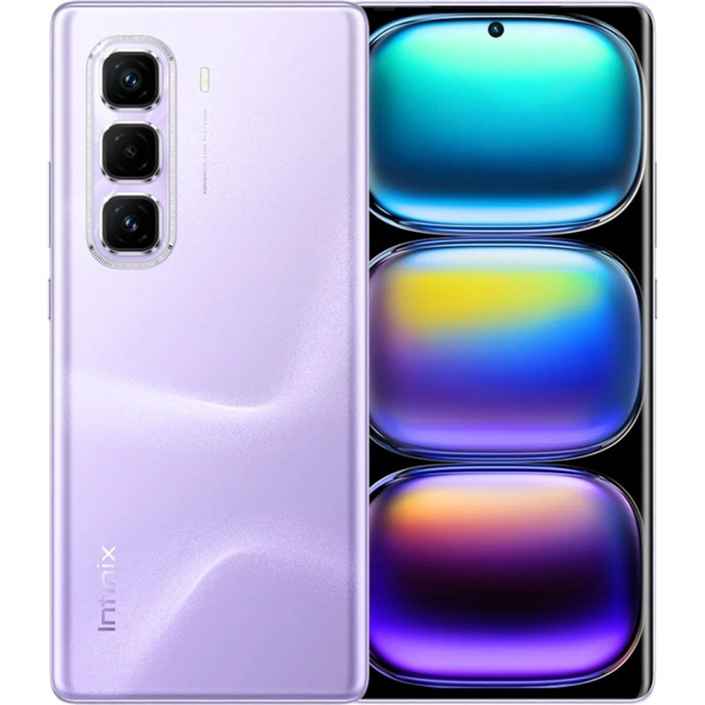 Uno smartphone viola con tre fotocamere posteriori e schermo colorato.