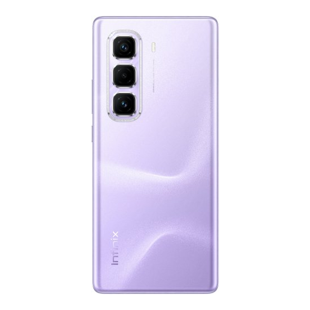Retro smartphone viola con tre fotocamere e logo Infinix.