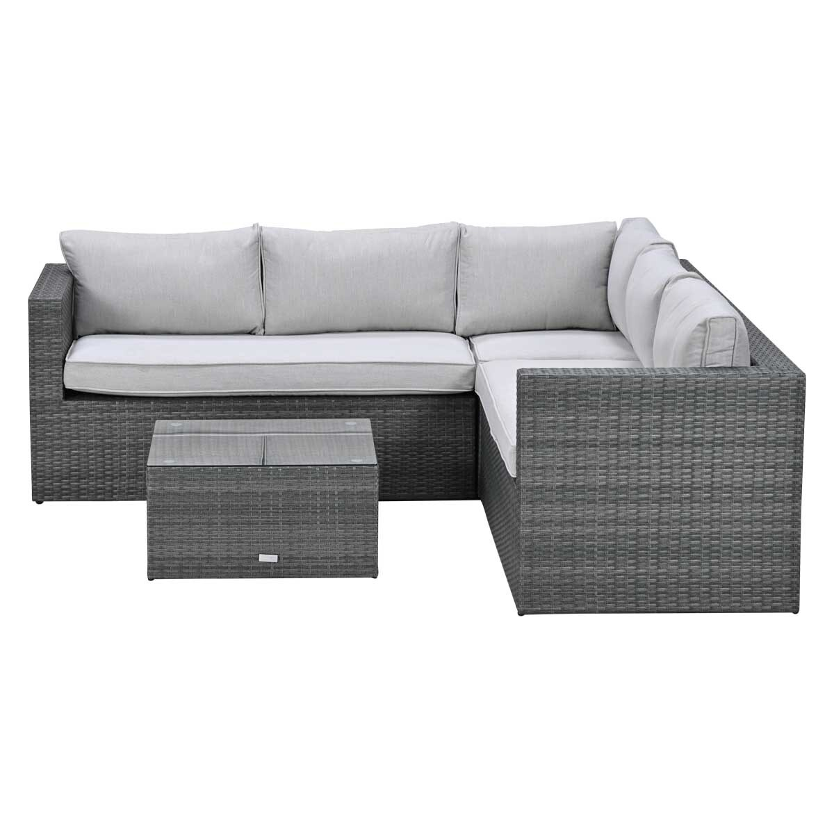 Gray rattan sectional sofa with light gray cushions and a glass coffee table.