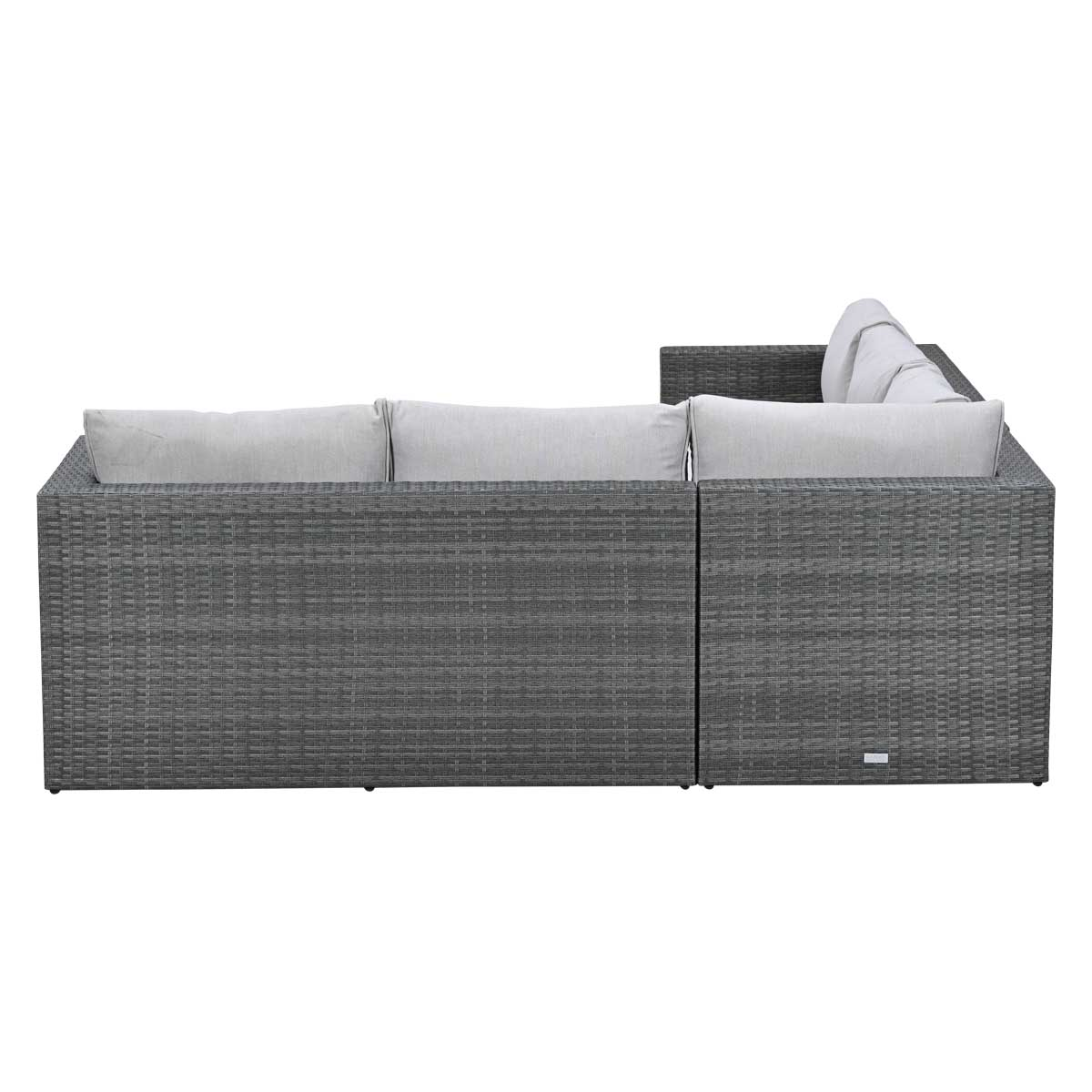 Grey rattan sectional sofa with light grey cushions, viewed from the back.