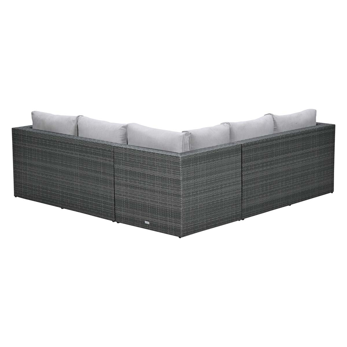 Gray rattan L-shaped sofa with light gray cushions, shown from the back.