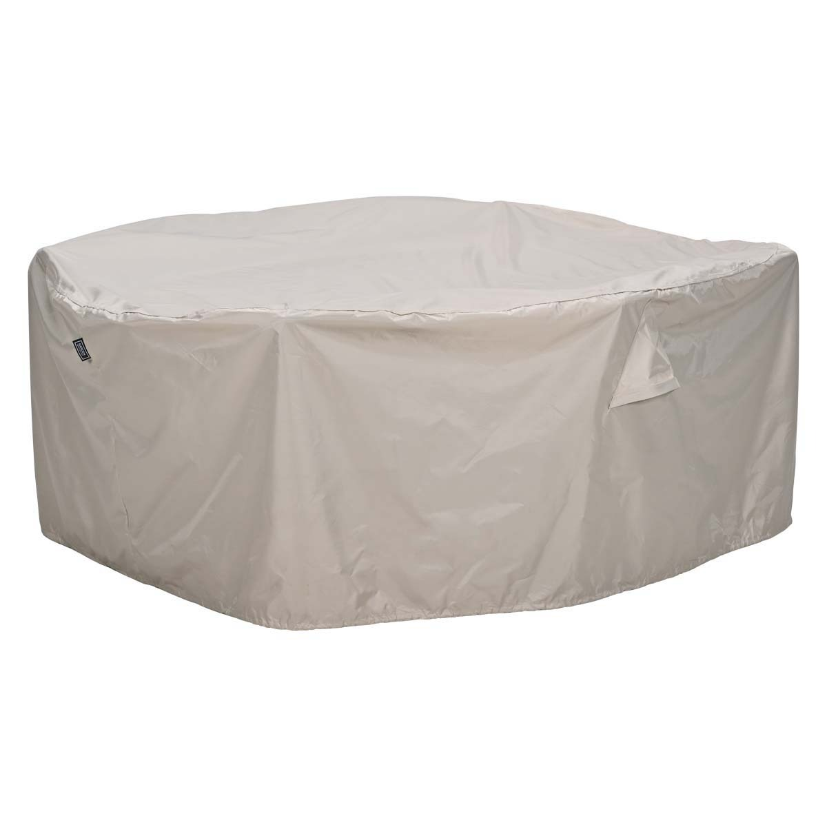Een beige hoes bedekt een rechthoekige tafel met afgeronde hoeken.