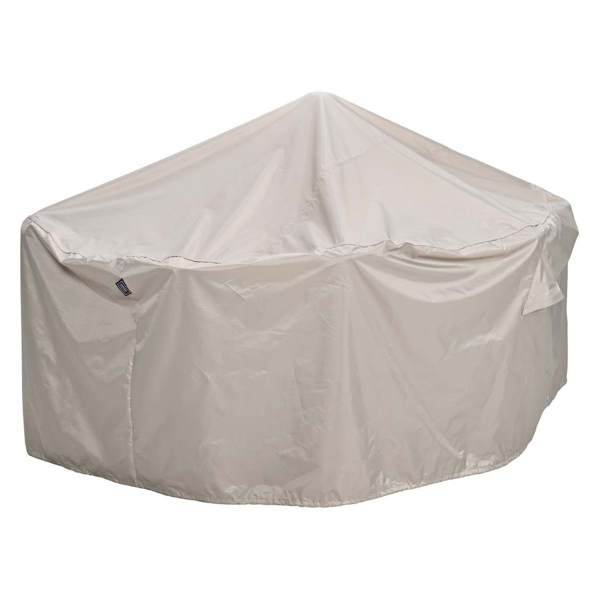 Een beige hoes voor een tafel of vuurplaats, getoond op een witte ondergrond.