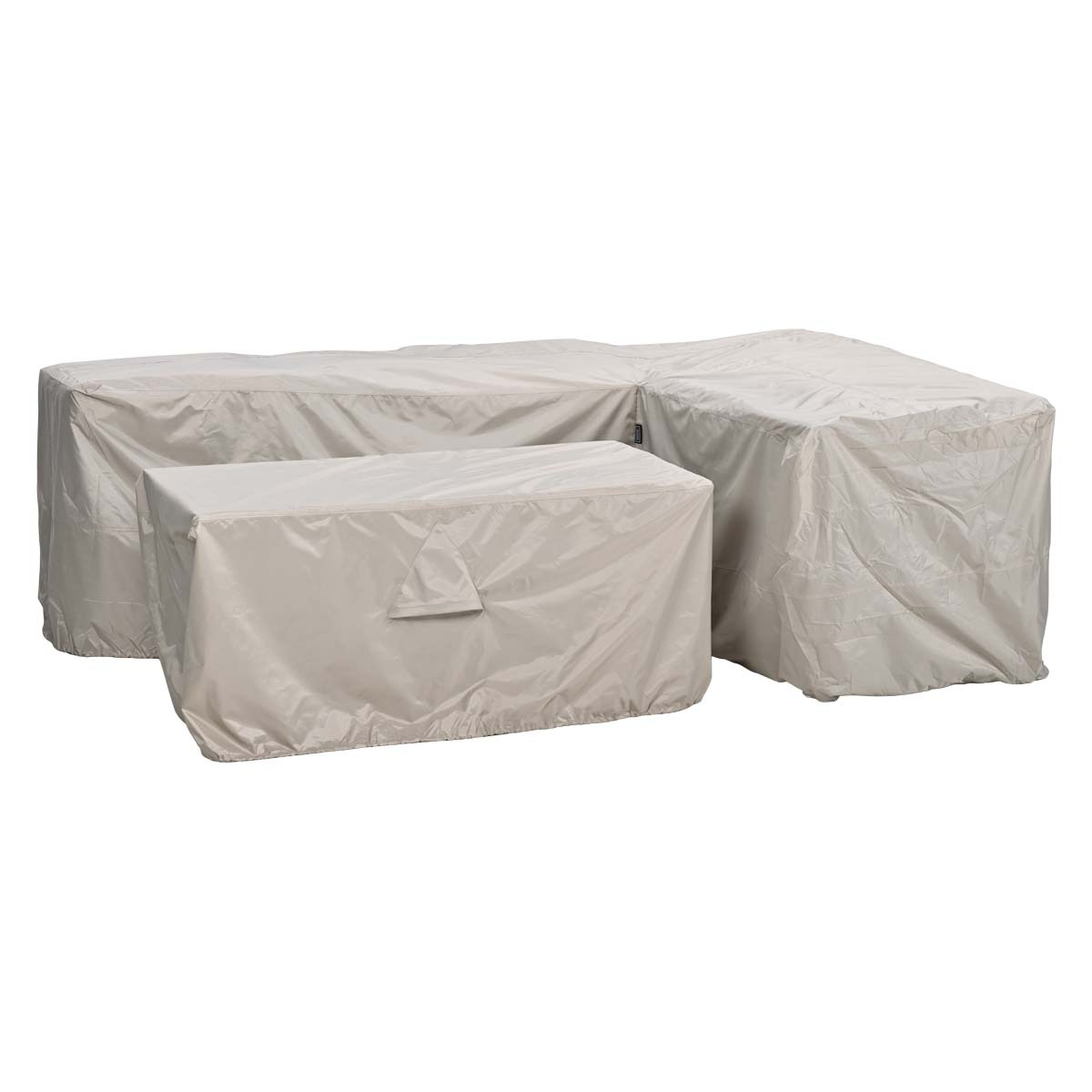 Light gray covers protect a modular outdoor furniture set.