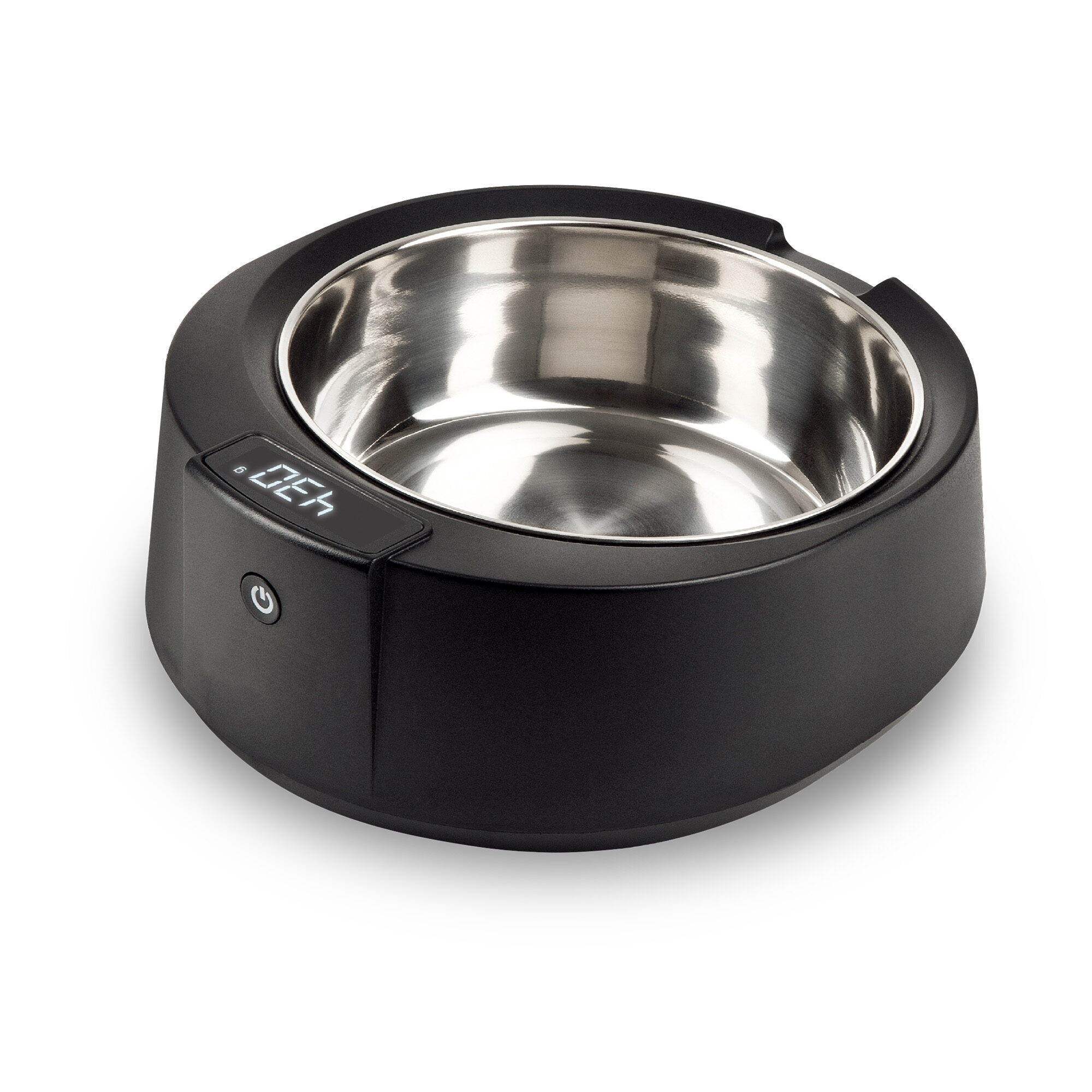 Cuenco negro para mascotas con inserto de acero inoxidable y pantalla digital.
