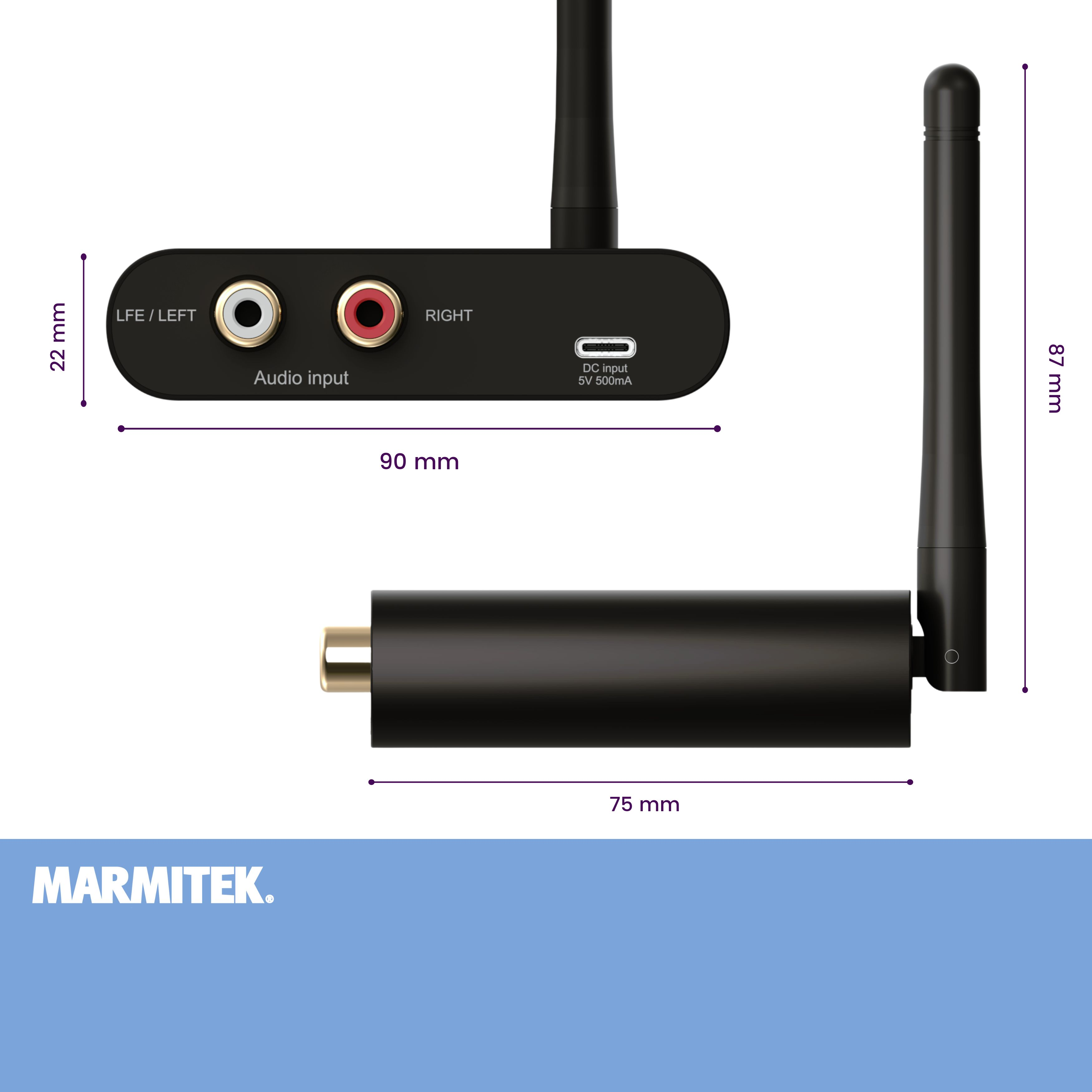 Émetteur audio noir avec antennes, ports RCA et entrée USB-C. Dimensions indiquées.