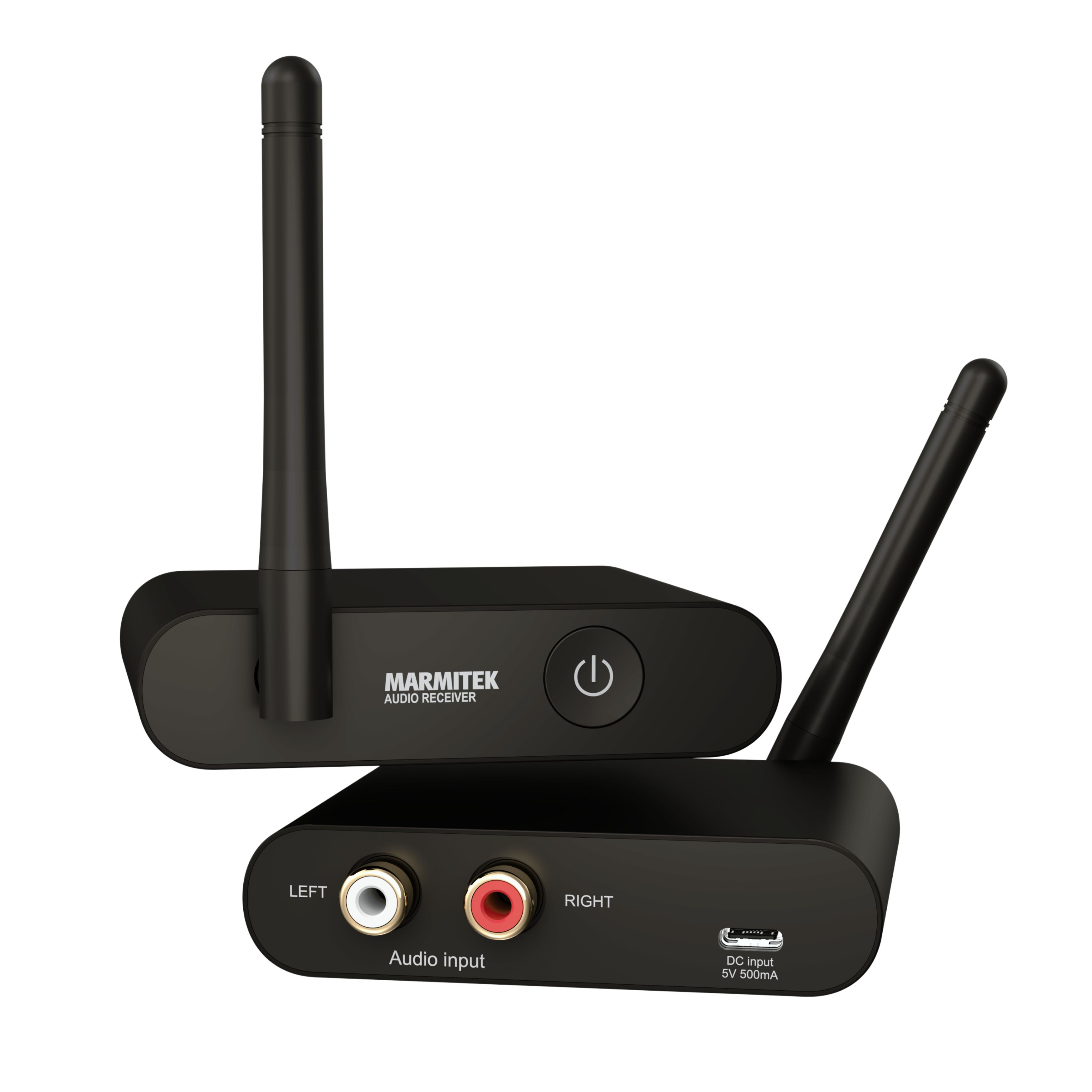 Deux récepteurs audio Marmitek noirs avec antennes, entrées RCA et port USB.