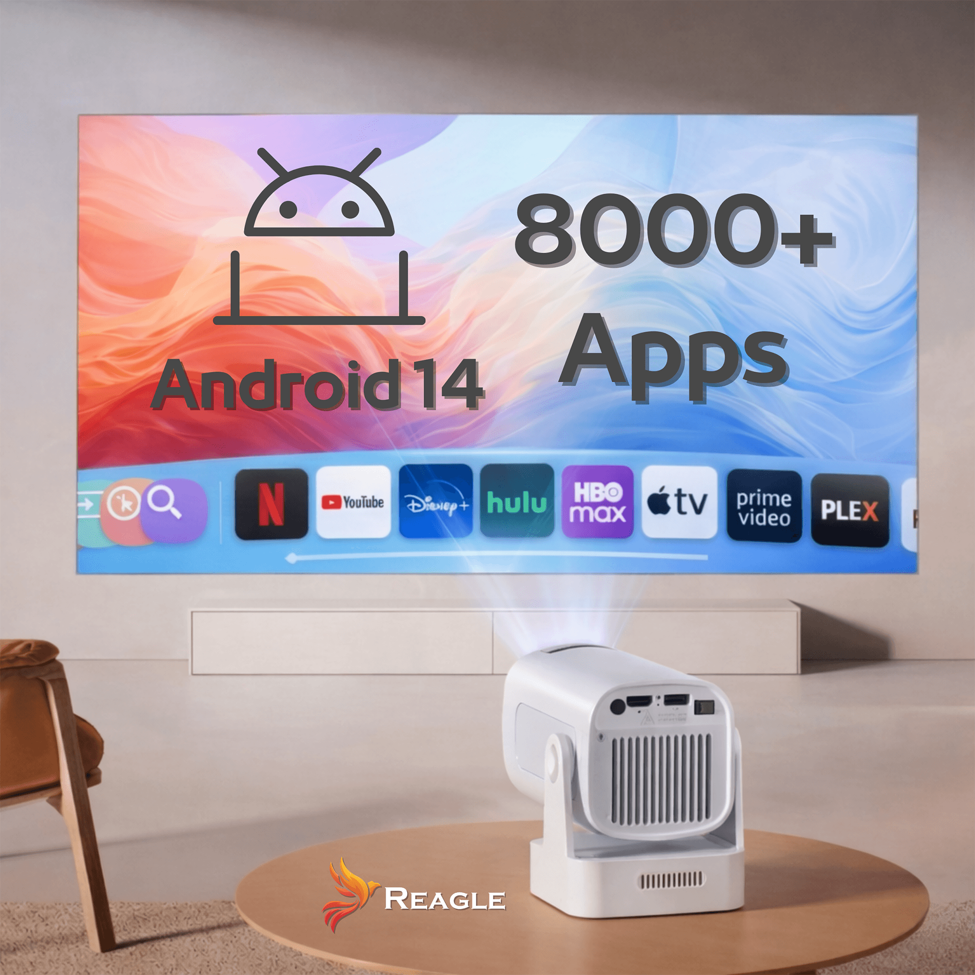 Biały projektor wyświetla Android 14 z ponad 8000 aplikacji na ekranie.