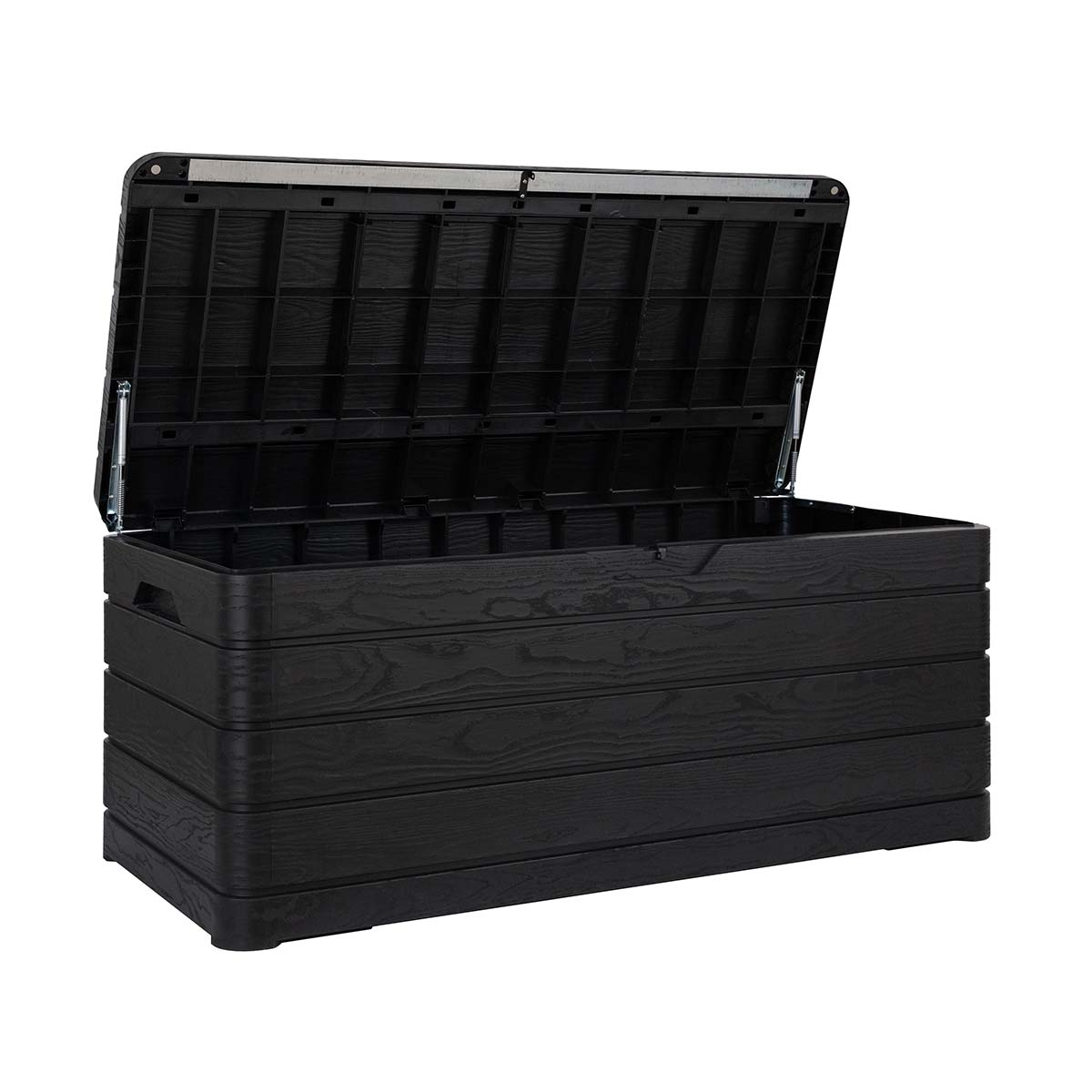 Black storage box with an open lid, featuring a wood grain texture.