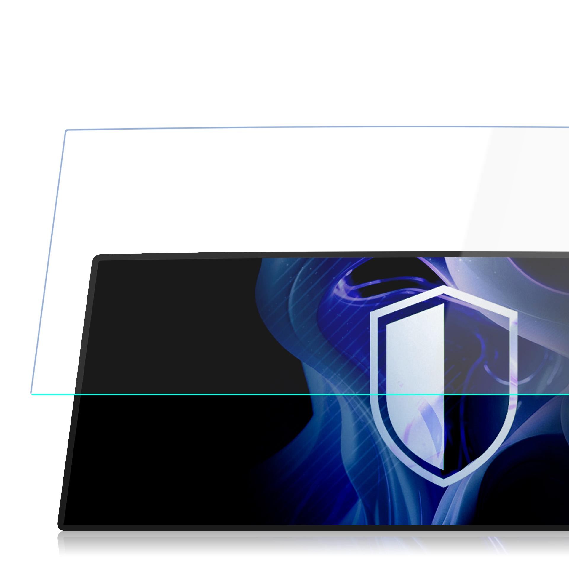 Una protezione schermo trasparente è posta su uno schermo scuro con design astratto blu.