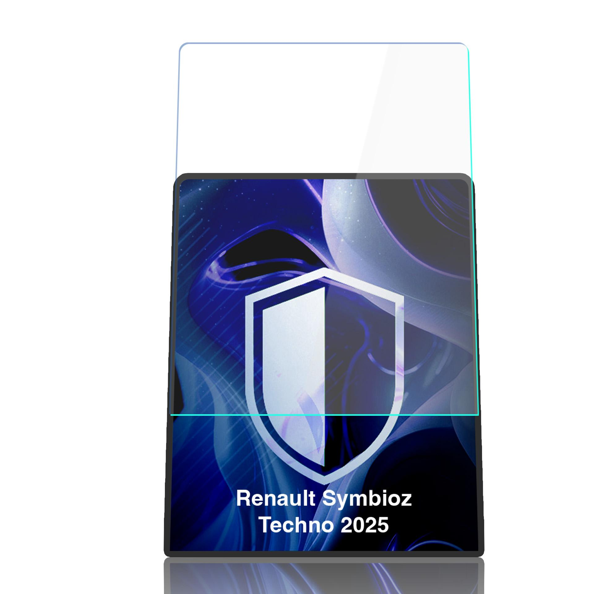 Tablet z logo Renault Symbioz Techno 2025 na niebieskim tle.