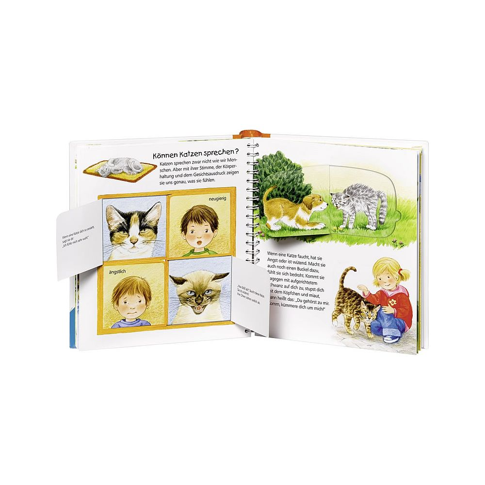 Ein Buch zeigt Katzengesichter und Kinder, die verschiedene Emotionen zeigen.