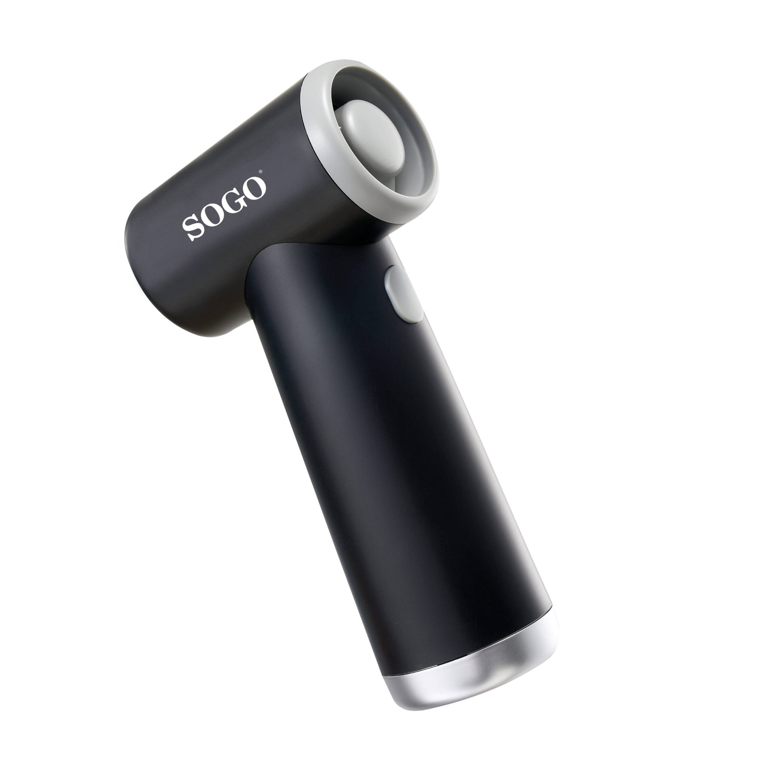 Un dispositivo Sogo negro con detalles plateados y un anillo gris.