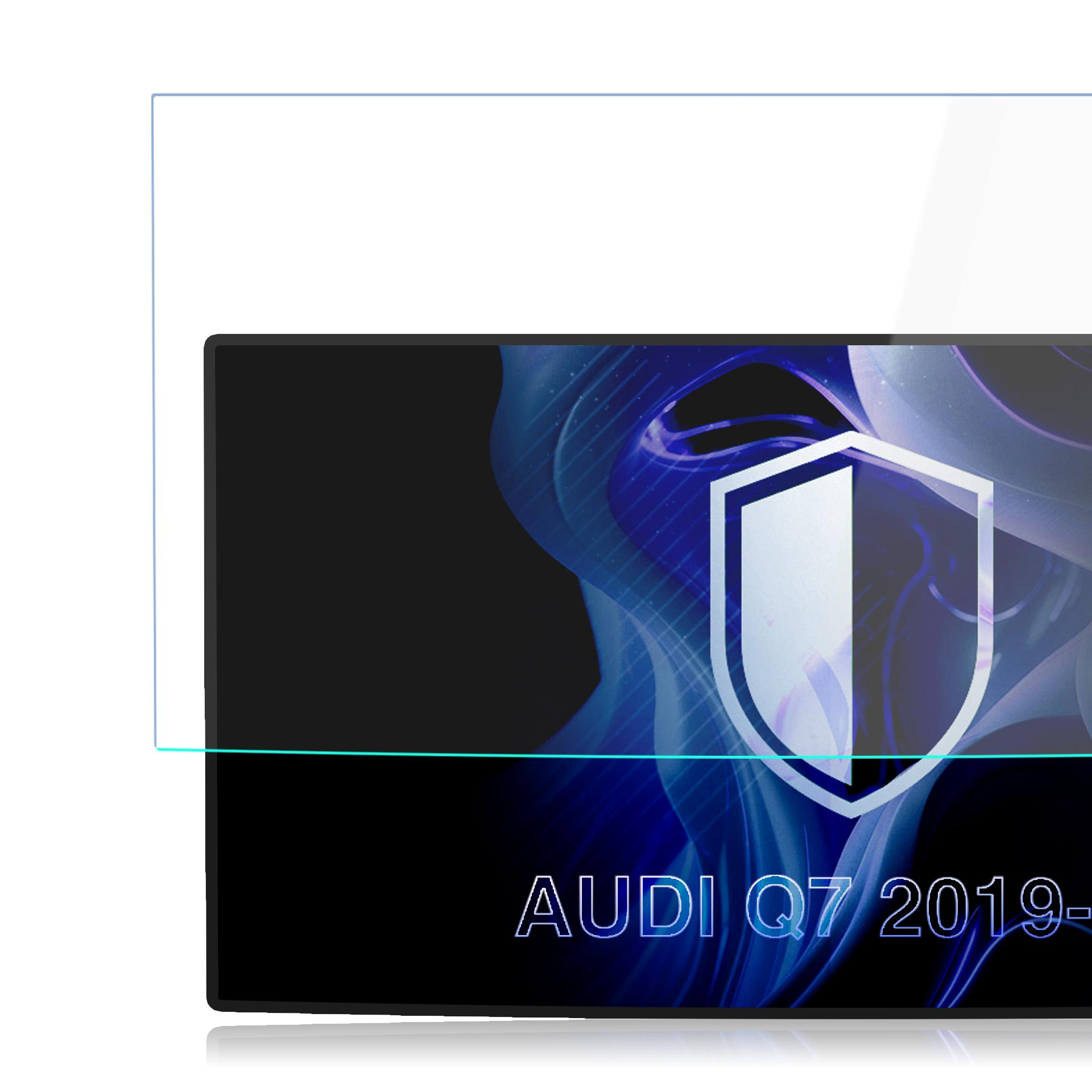 Folia ochronna na ekran Audi Q7 2019 z logo tarczy na niebieskim tle.