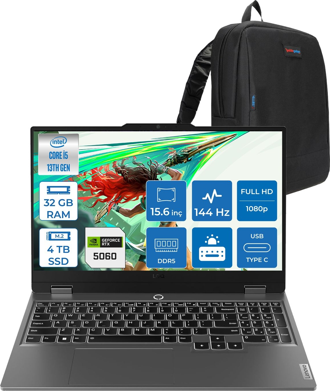 LENOVO LOQ 15IRX10 8GB RTX5060 144Hz 83JE00JMTRF10 Intel Core I5-13450HX 32 GB RAM 4 TB SSD 15,6 inç FreeDOS Laptop+Çanta Siyah