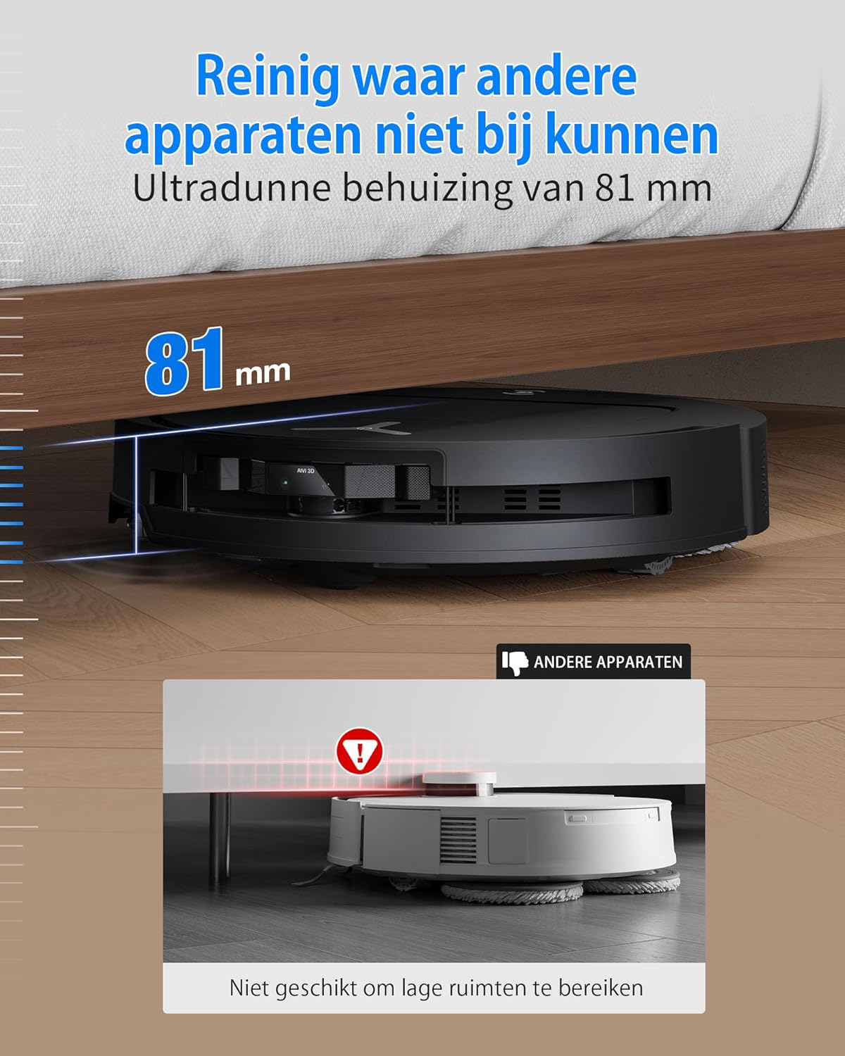 Un aspirateur robot fin nettoie sous un lit, 81mm. En bas, un autre robot est coincé.