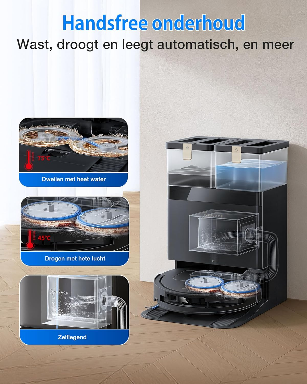 Aspirateur robot avec station montrant le lavage à l'eau chaude, le séchage et le vidage automatique.
