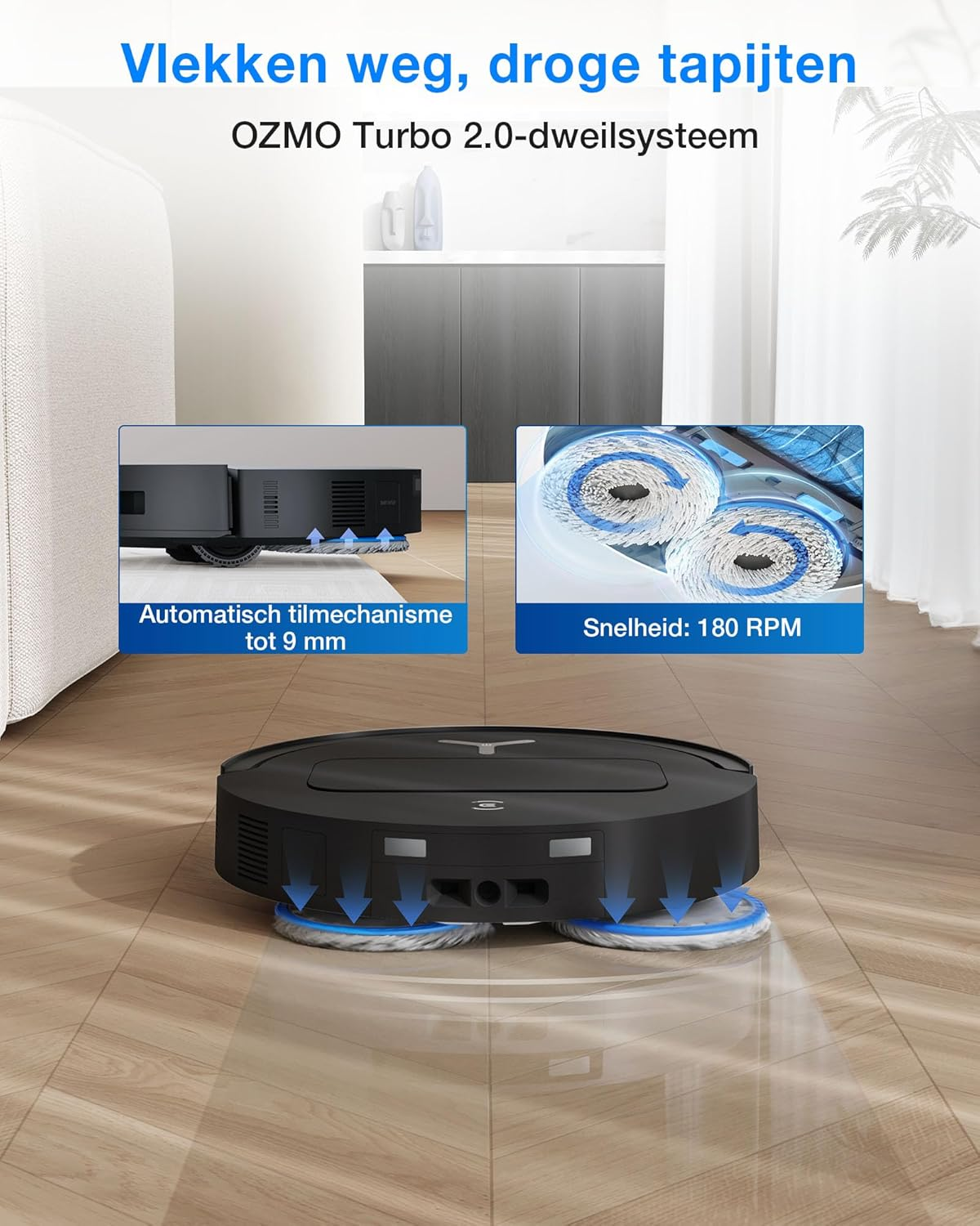 Aspirateur robot noir avec serpillières rotatives sur un parquet.