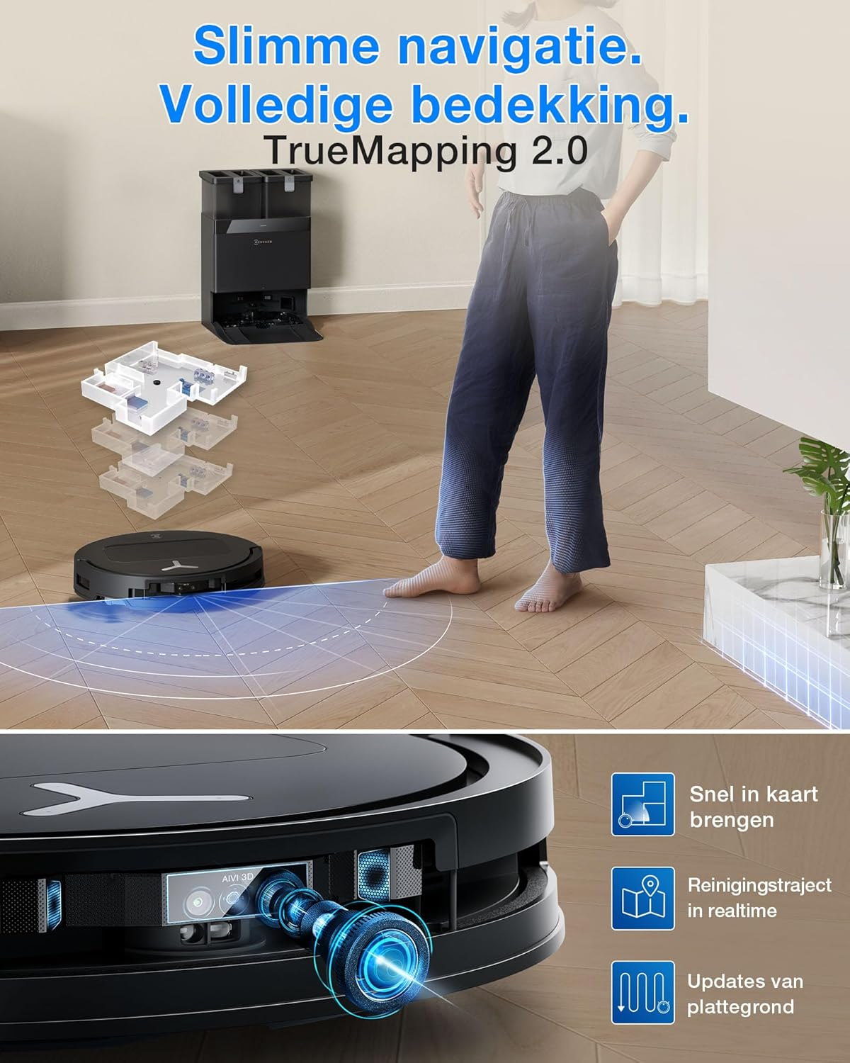Aspirateur robot avec station de recharge, personne et vue carte 3D.