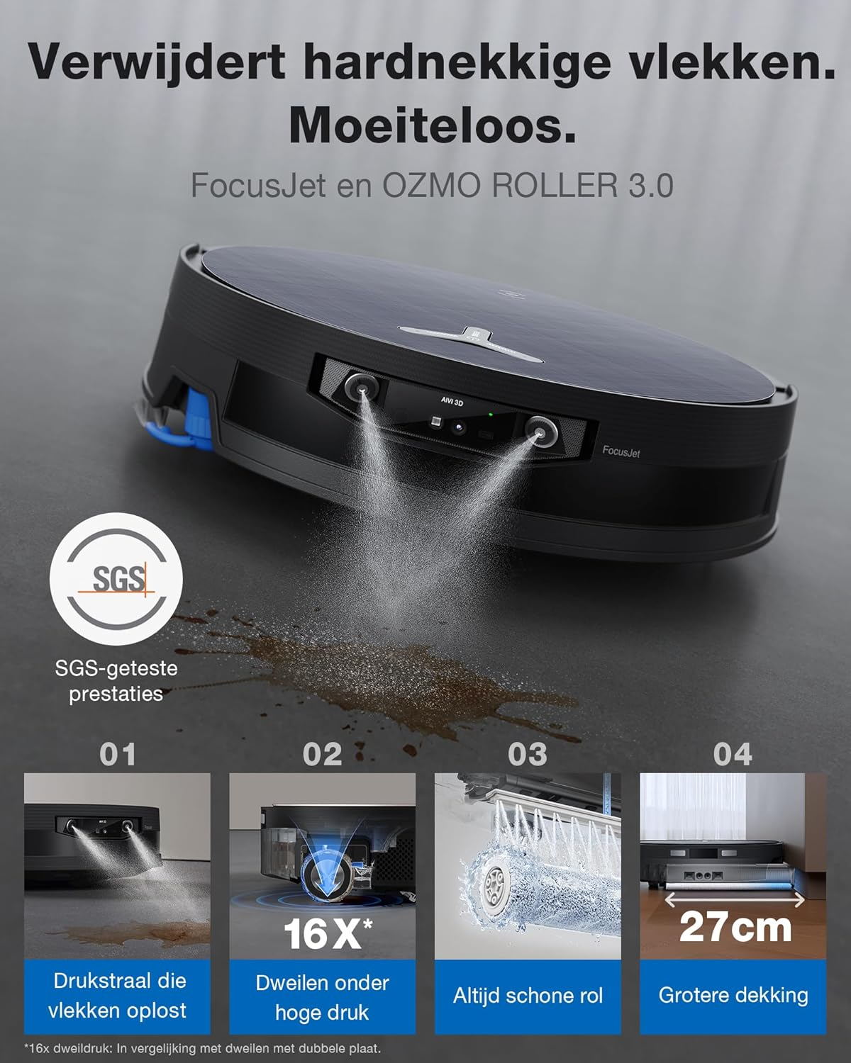Een zwarte robotstofzuiger sproeit water en maakt een vlek schoon.