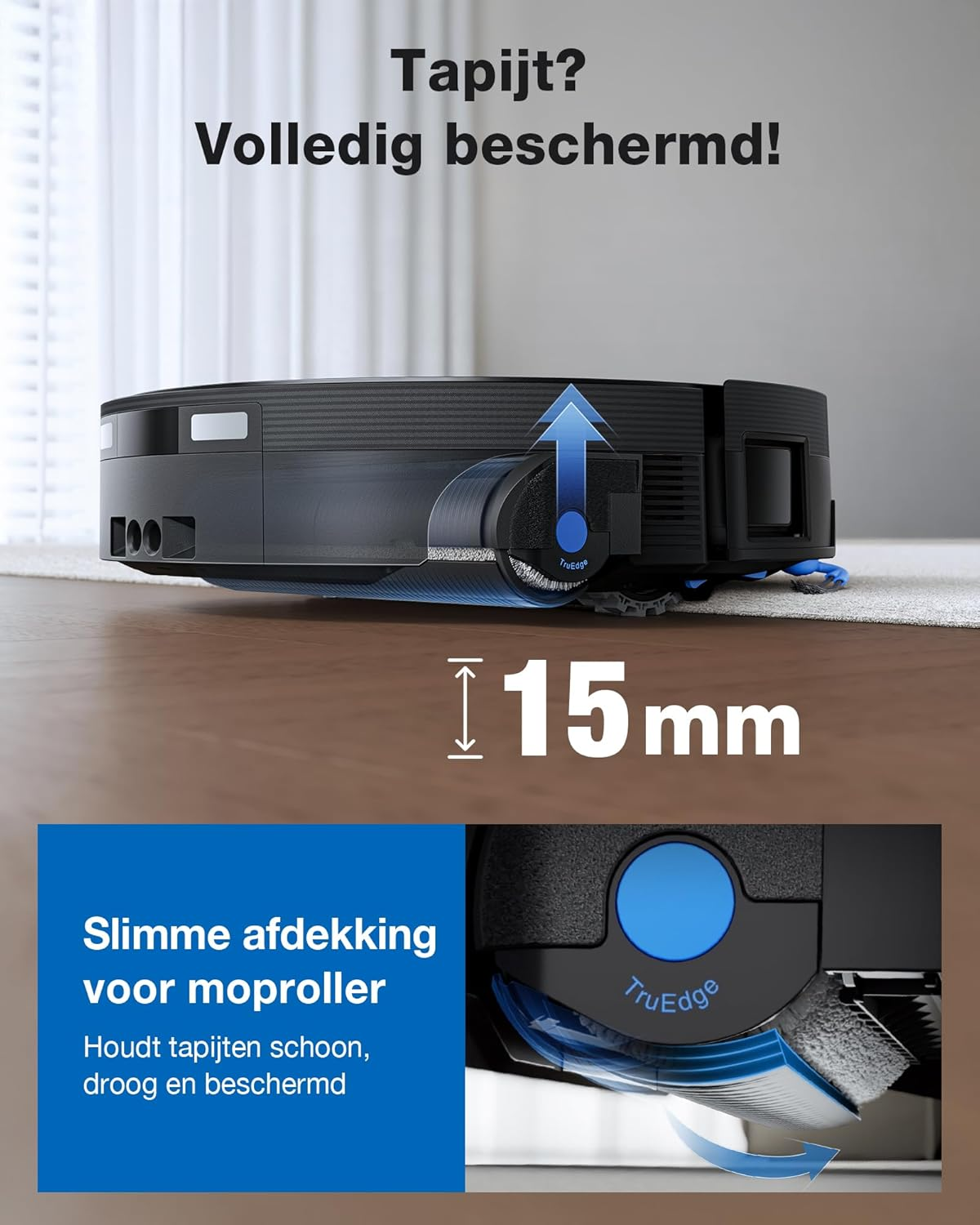 Een zwarte robotstofzuiger met blauwe accenten op tapijt en hout. 15mm.