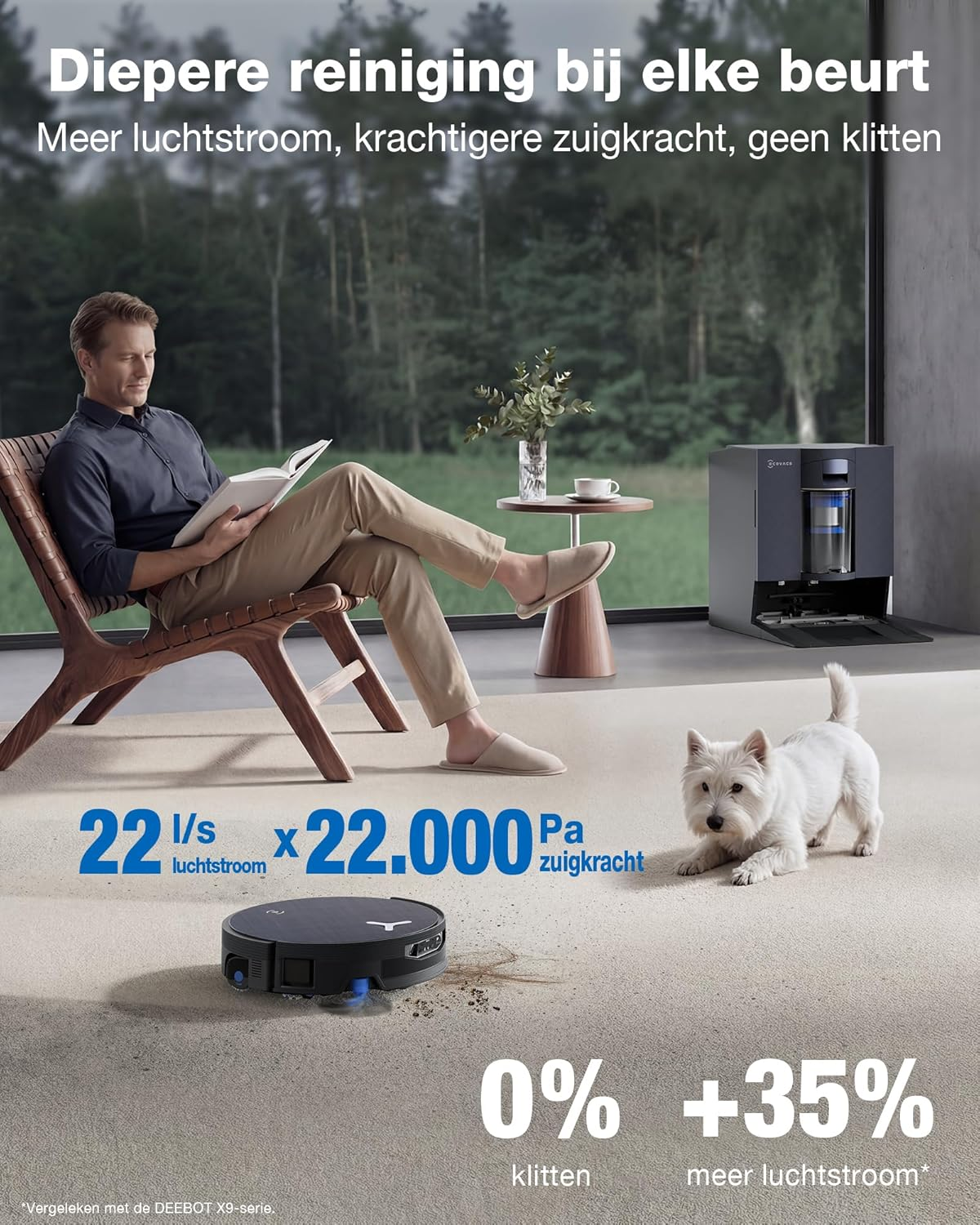 Man leest boek, robotstofzuiger zuigt, hond ligt naast. Specificaties getoond.